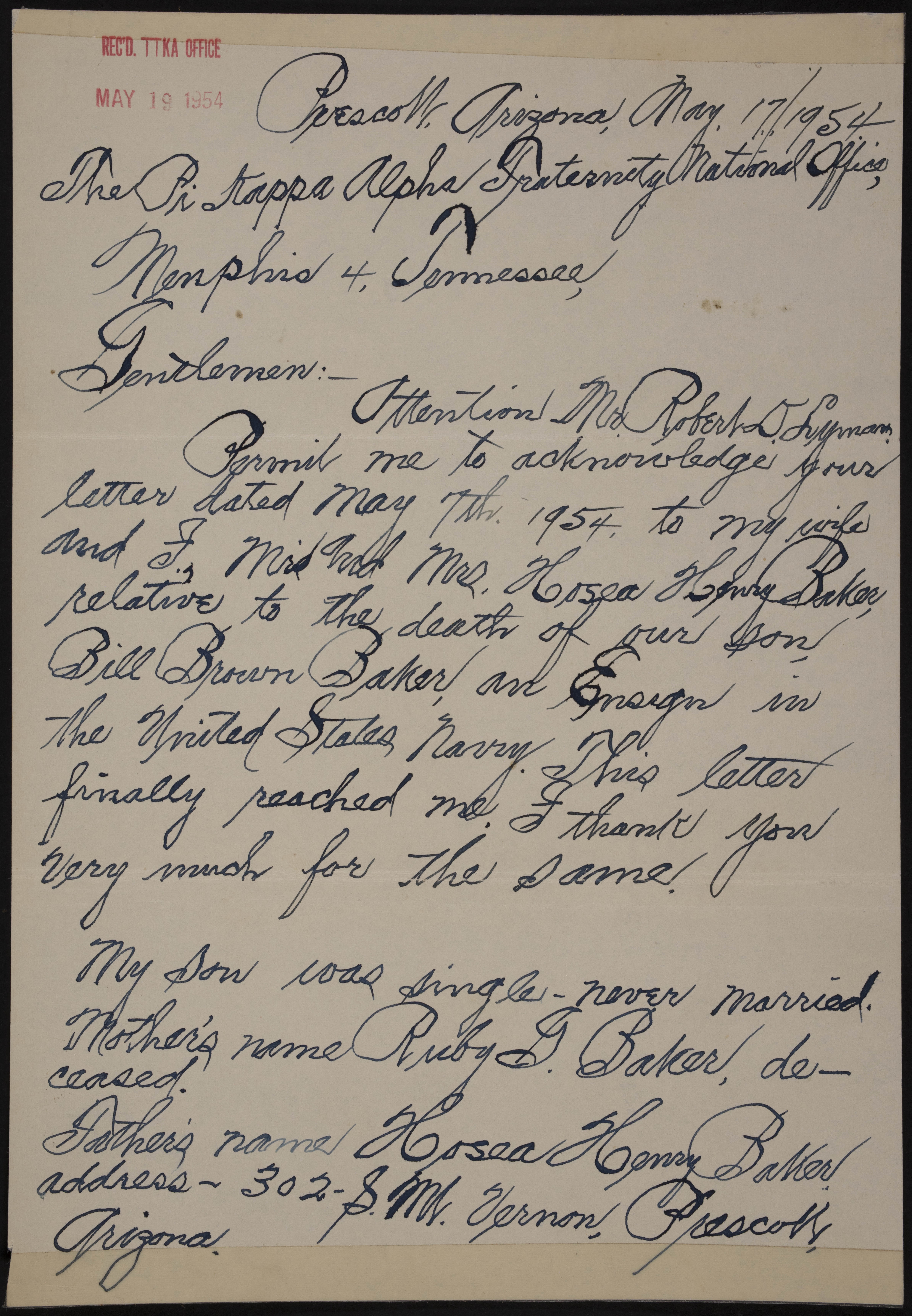 Hosea Henry Baker to Pi Kappa Alpha Fraternity Letter, May 17, 1954