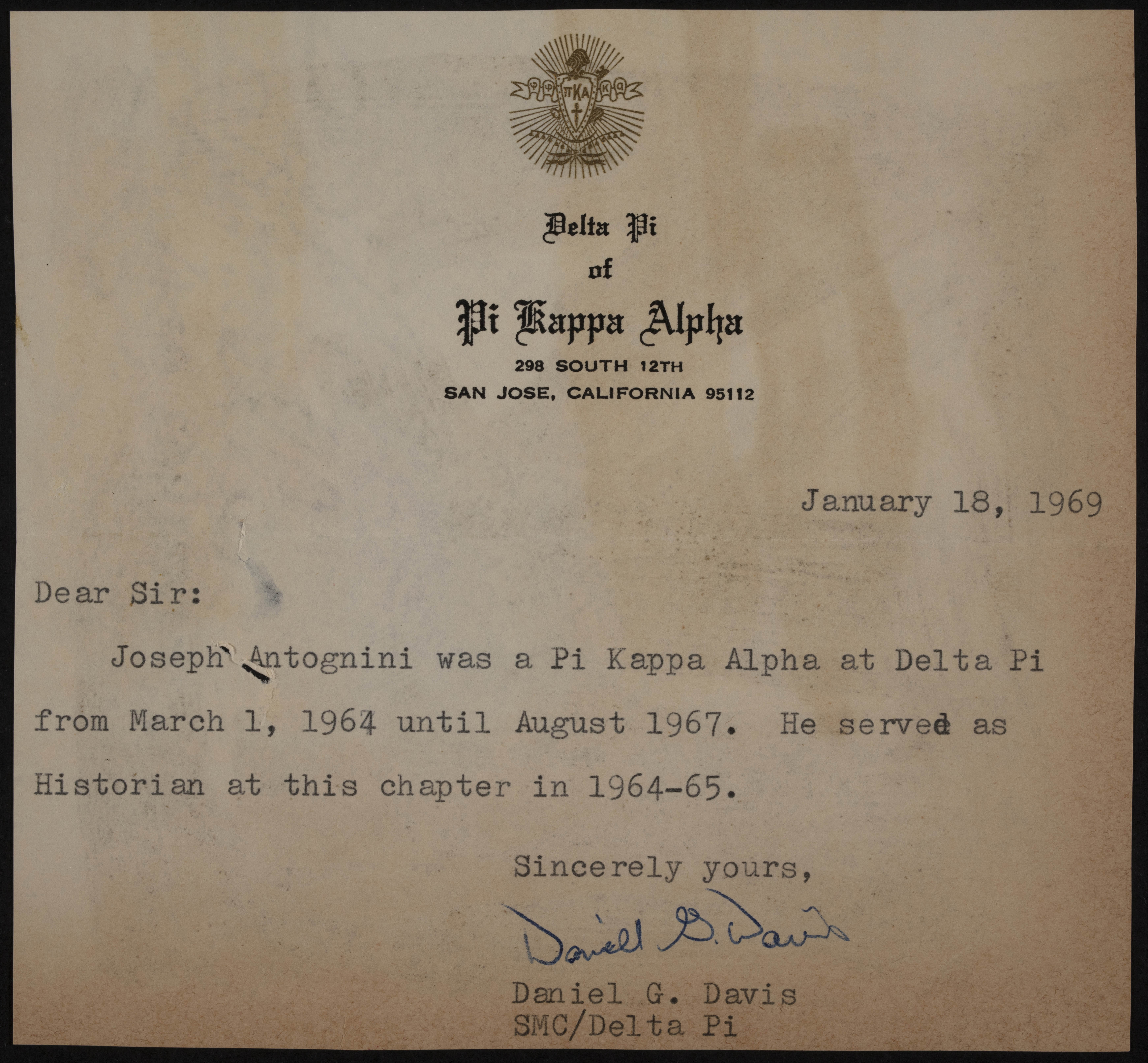 Daniel G. Davis to Unknown Letter, January 18, 1969