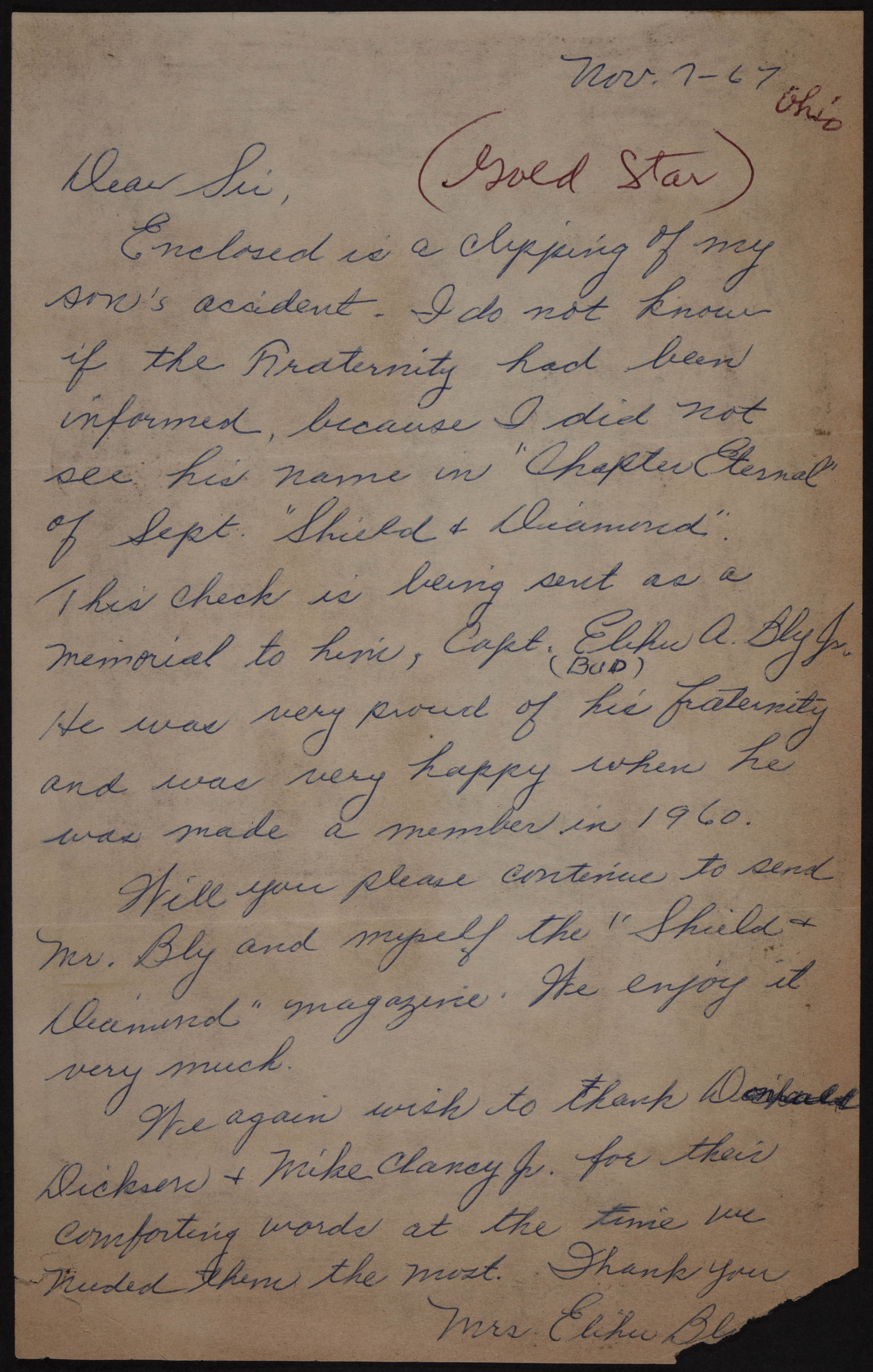 Mrs. Elihu Bly to Unknown Letter, November 7, 1967