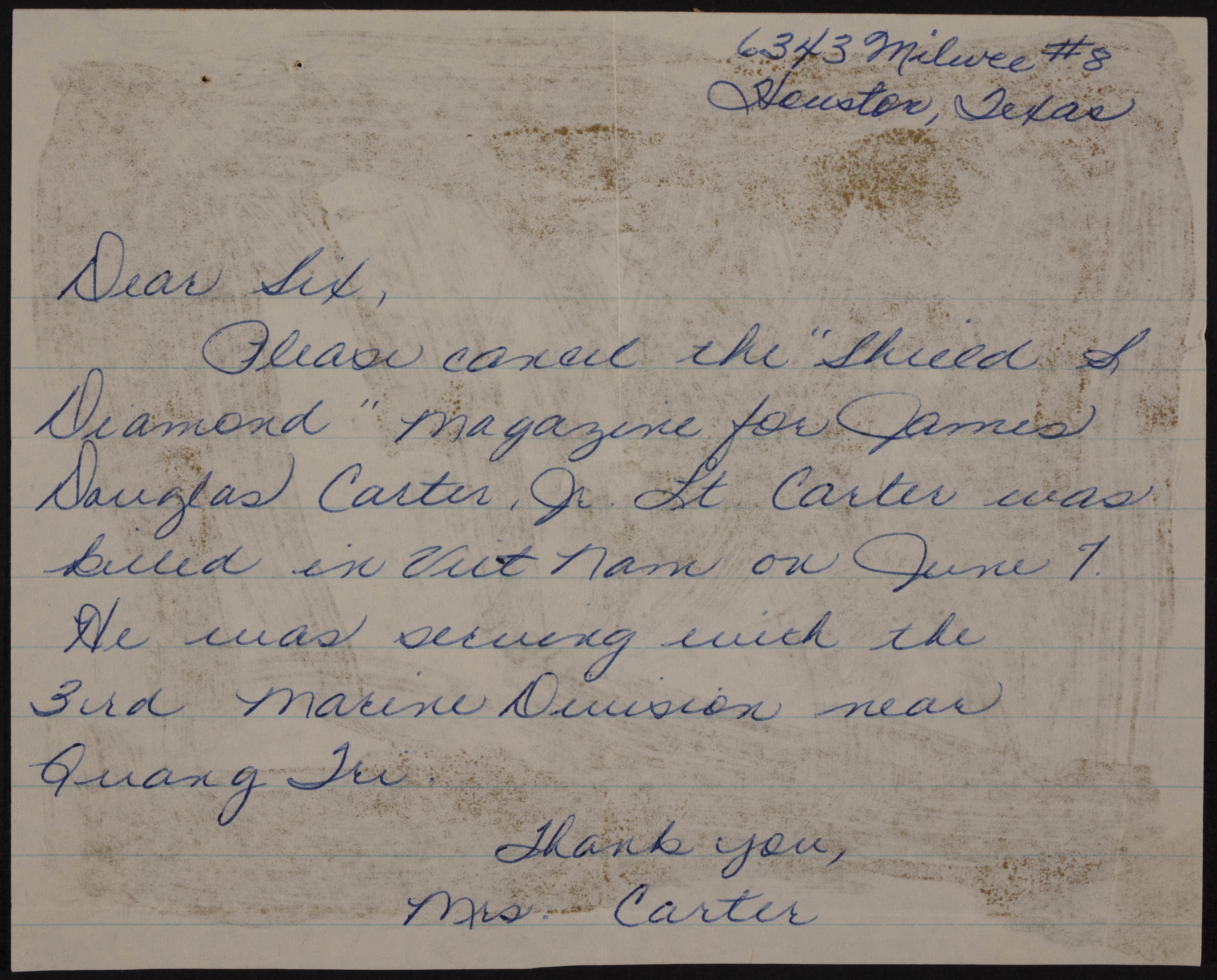 Mrs. James Douglas Carter to Unknown Letter