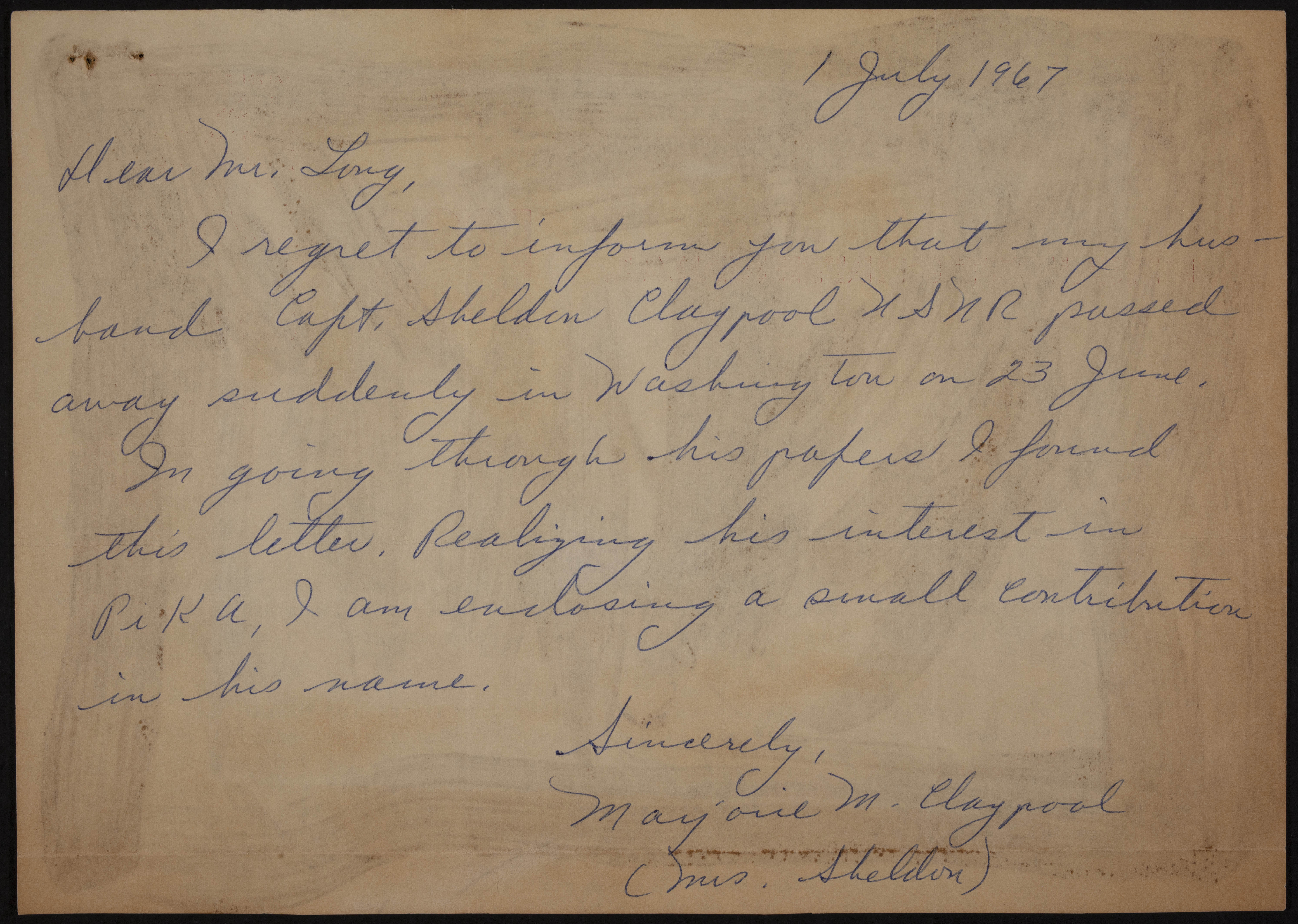 Marjorie M. Claypool to Mr. Robert M. Long Letter, July 1, 1967