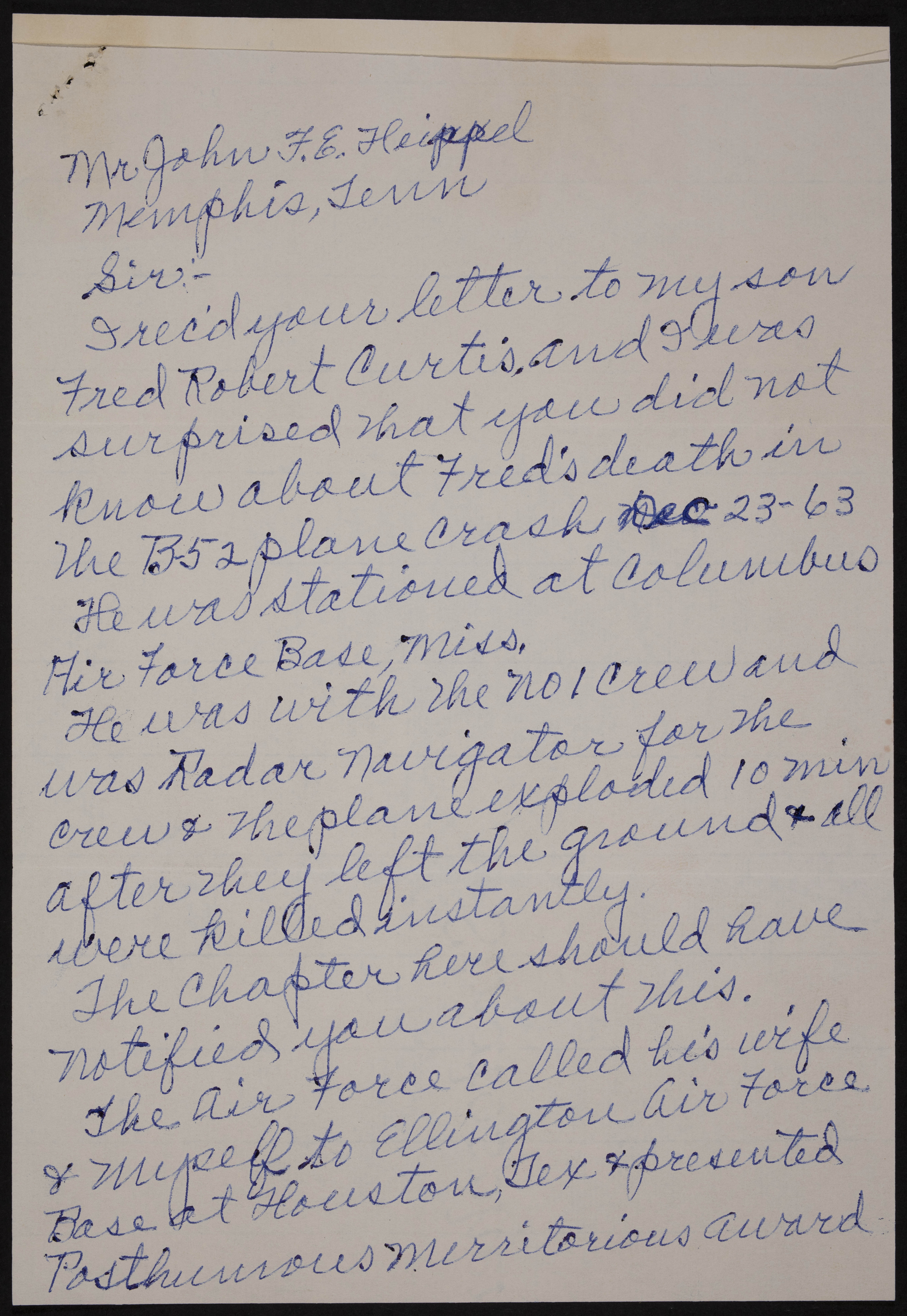 Q. L. Curtis to John F. E. Heippel Letter