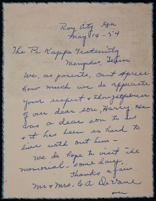 Mrs. C. A. DeVane to Pi Kappa Alpha Fraternity Letter, May 14, 1954