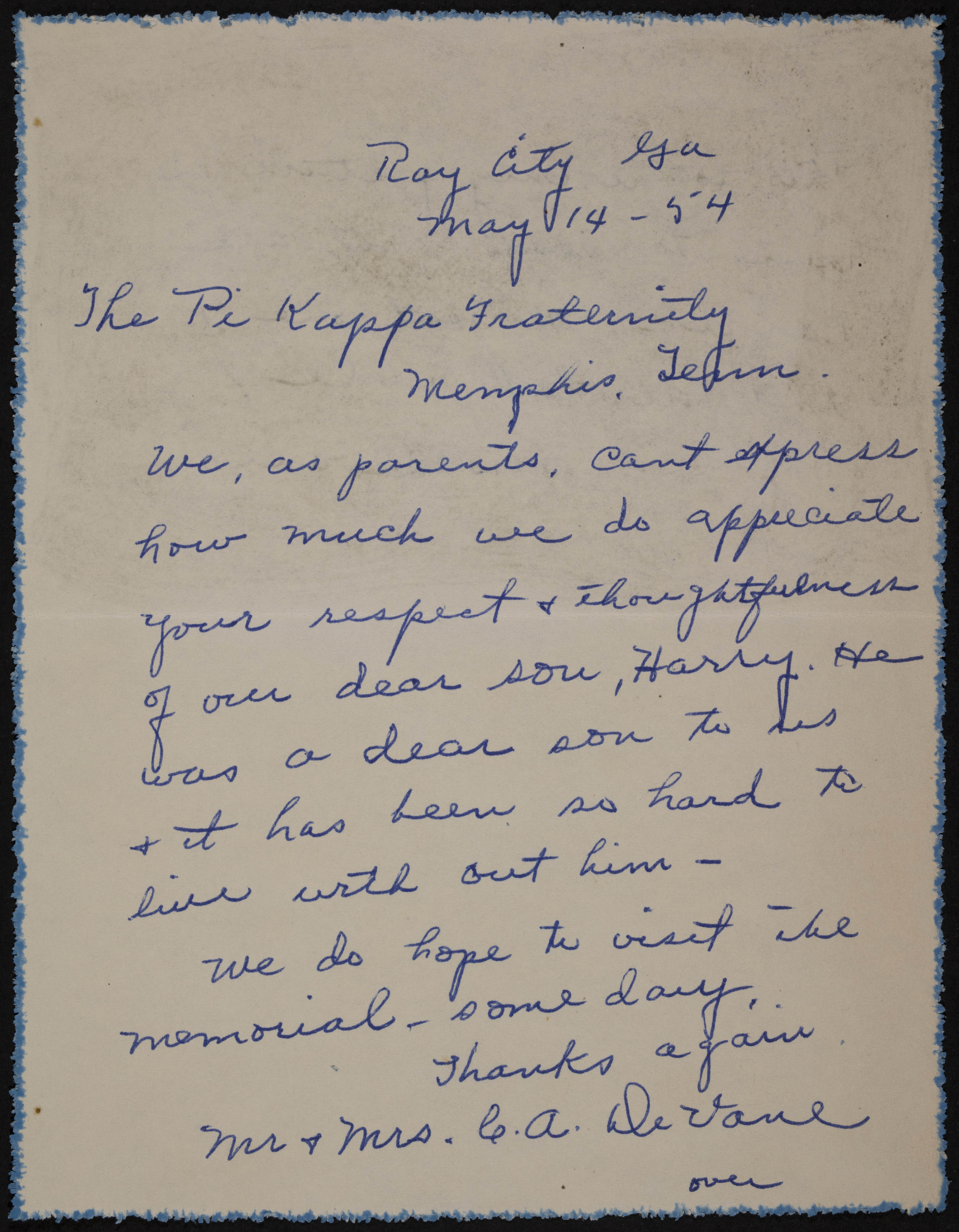 Mrs. C. A. DeVane to Pi Kappa Alpha Fraternity Letter, May 14, 1954
