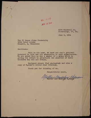 Walter and Madelyn Hofmann to the Pi Kappa Alpha Fraternity Letter, June 8, 1954