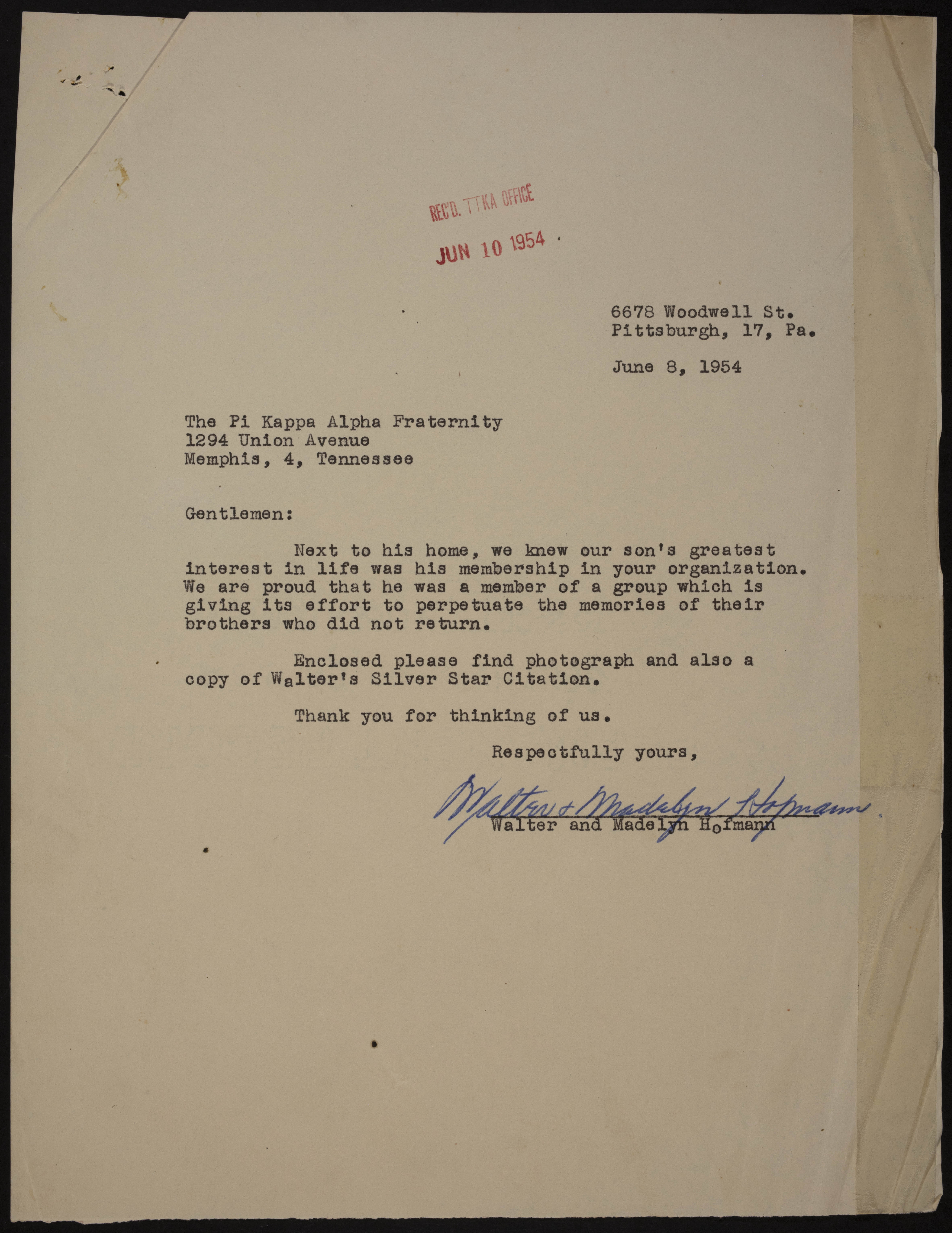 Walter and Madelyn Hofmann to the Pi Kappa Alpha Fraternity Letter, June 8, 1954