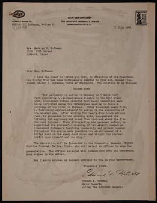 Edward F. Witsell to Mrs. Madelyn R. Hofmann Silver Star Citation Letter, July 17, 1945