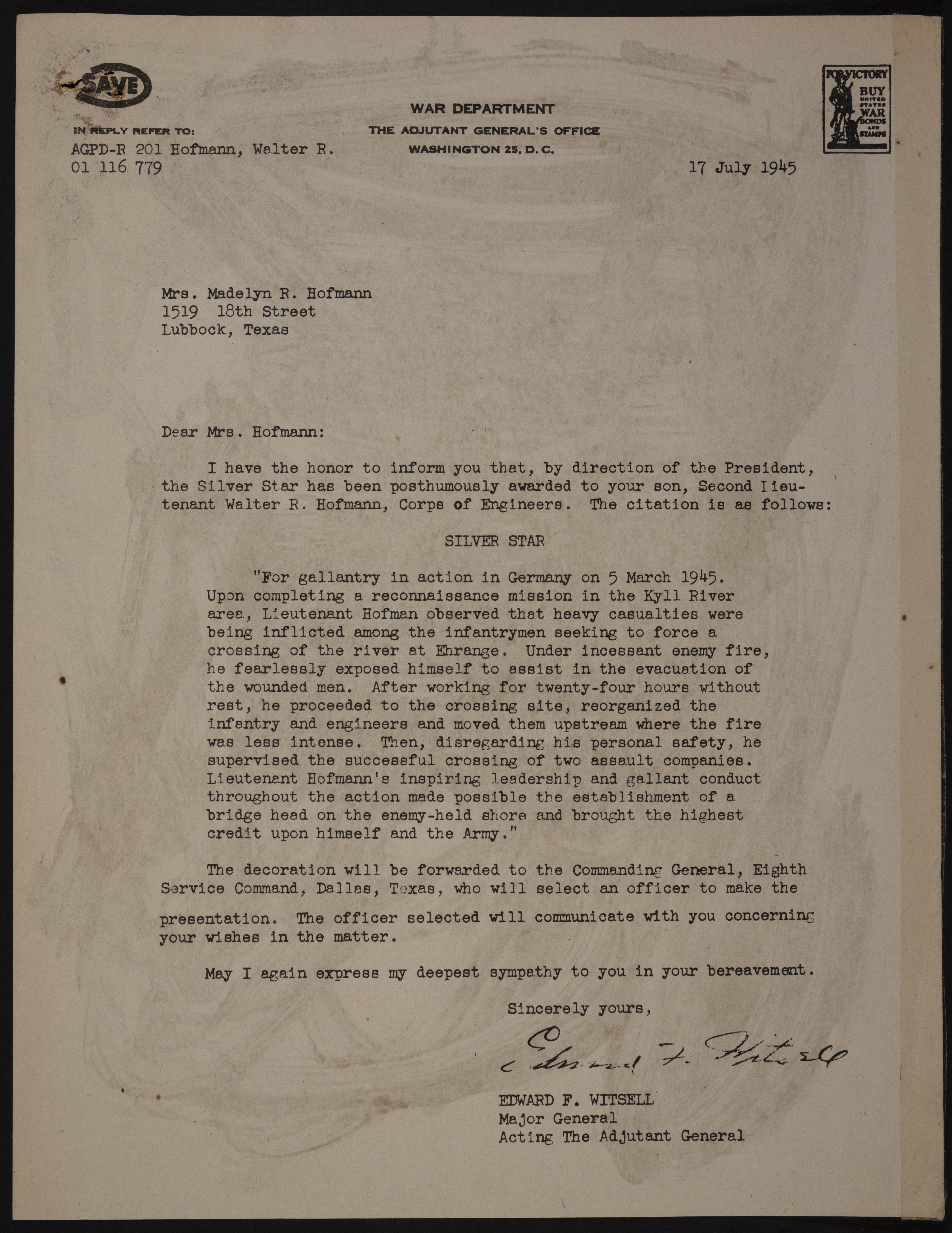 Edward F. Witsell to Mrs. Madelyn R. Hofmann Silver Star Citation Letter, July 17, 1945