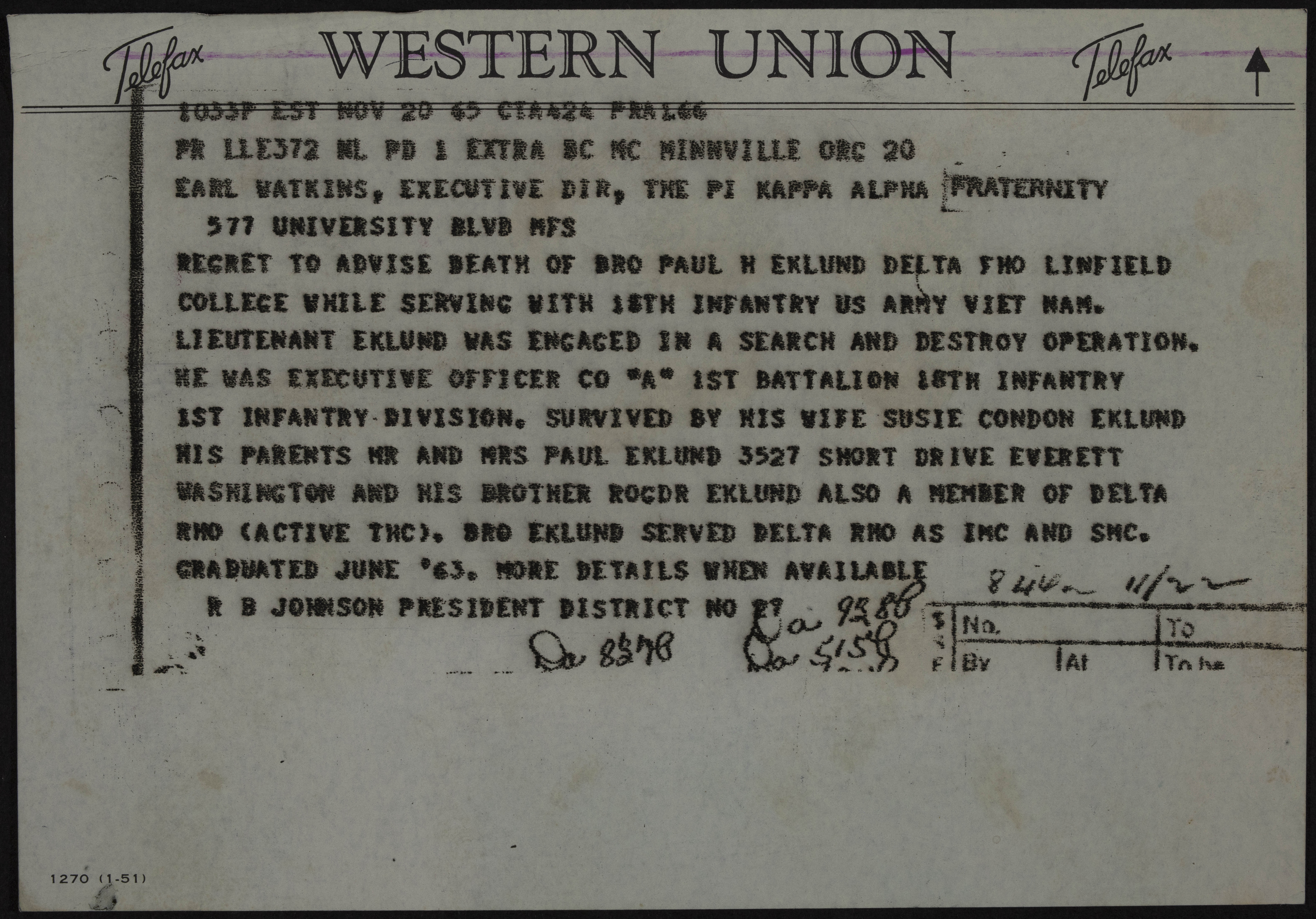 R. B. Johnson to Earl Watkins Telegram, November 20, 1965