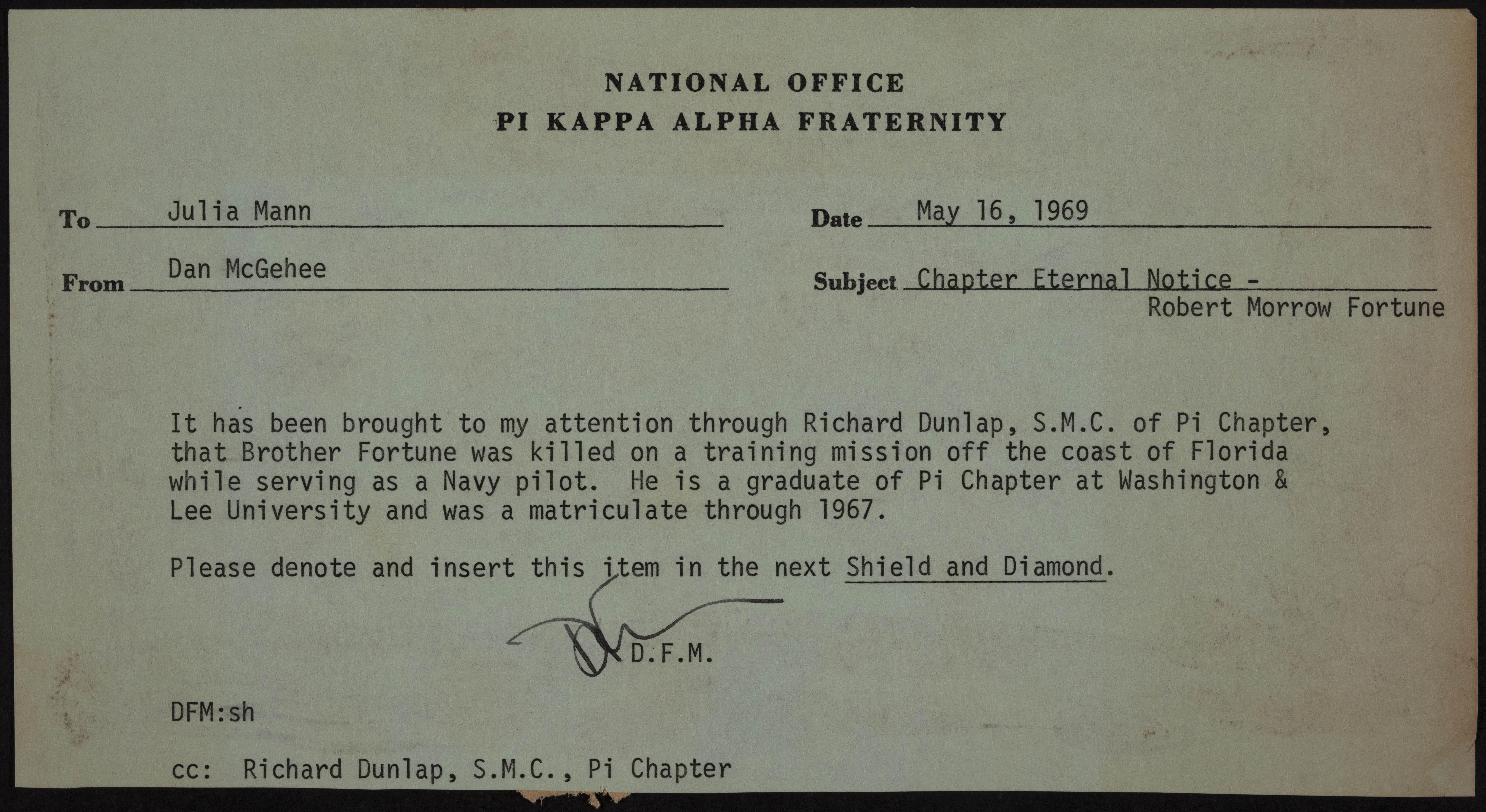 Dan McGehee to Julia Mann Memorandum, May 16, 1969