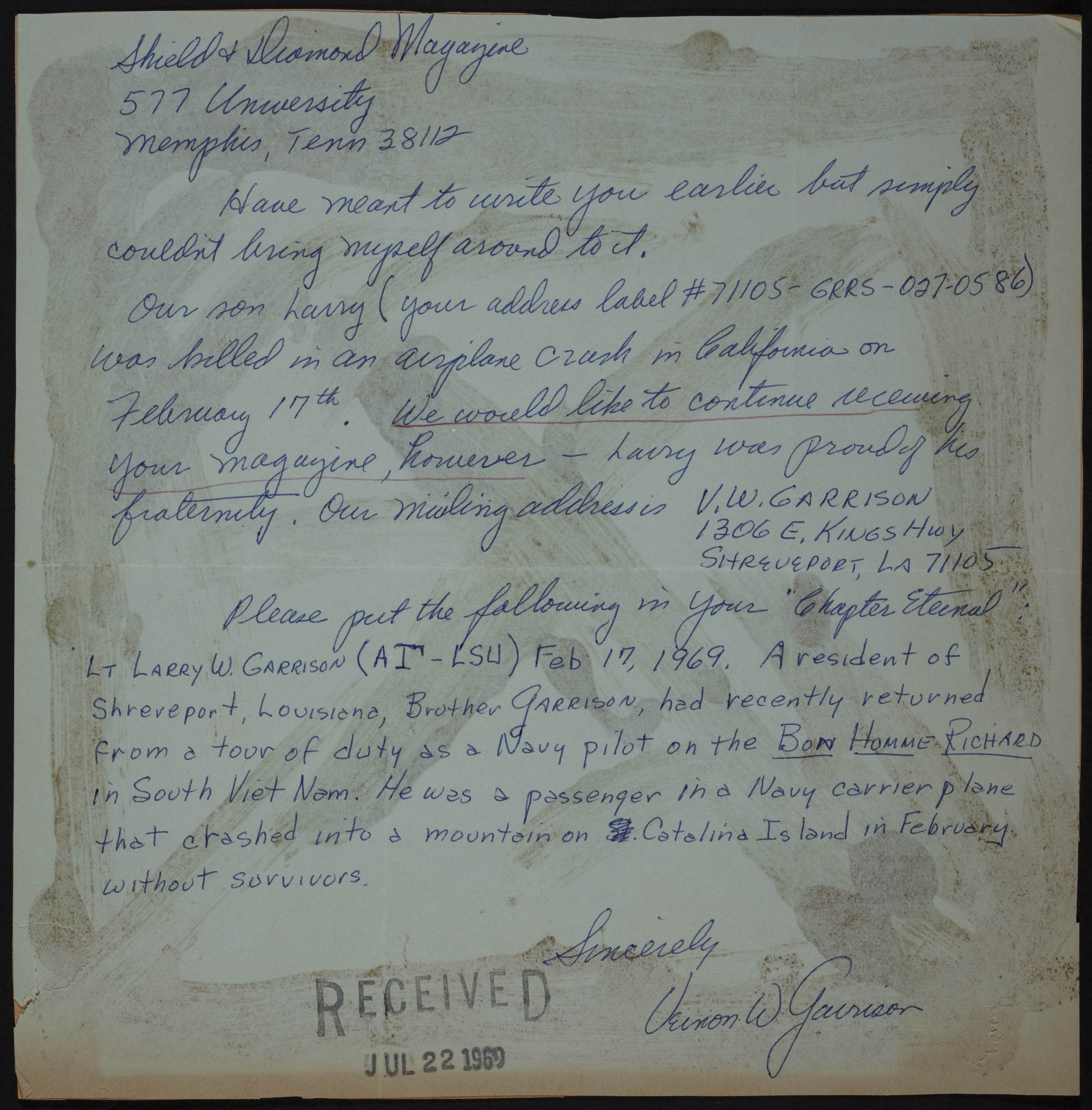 Vernon W. Garrison to the Shield and Diamond Magazine Letter, June 22, 1969