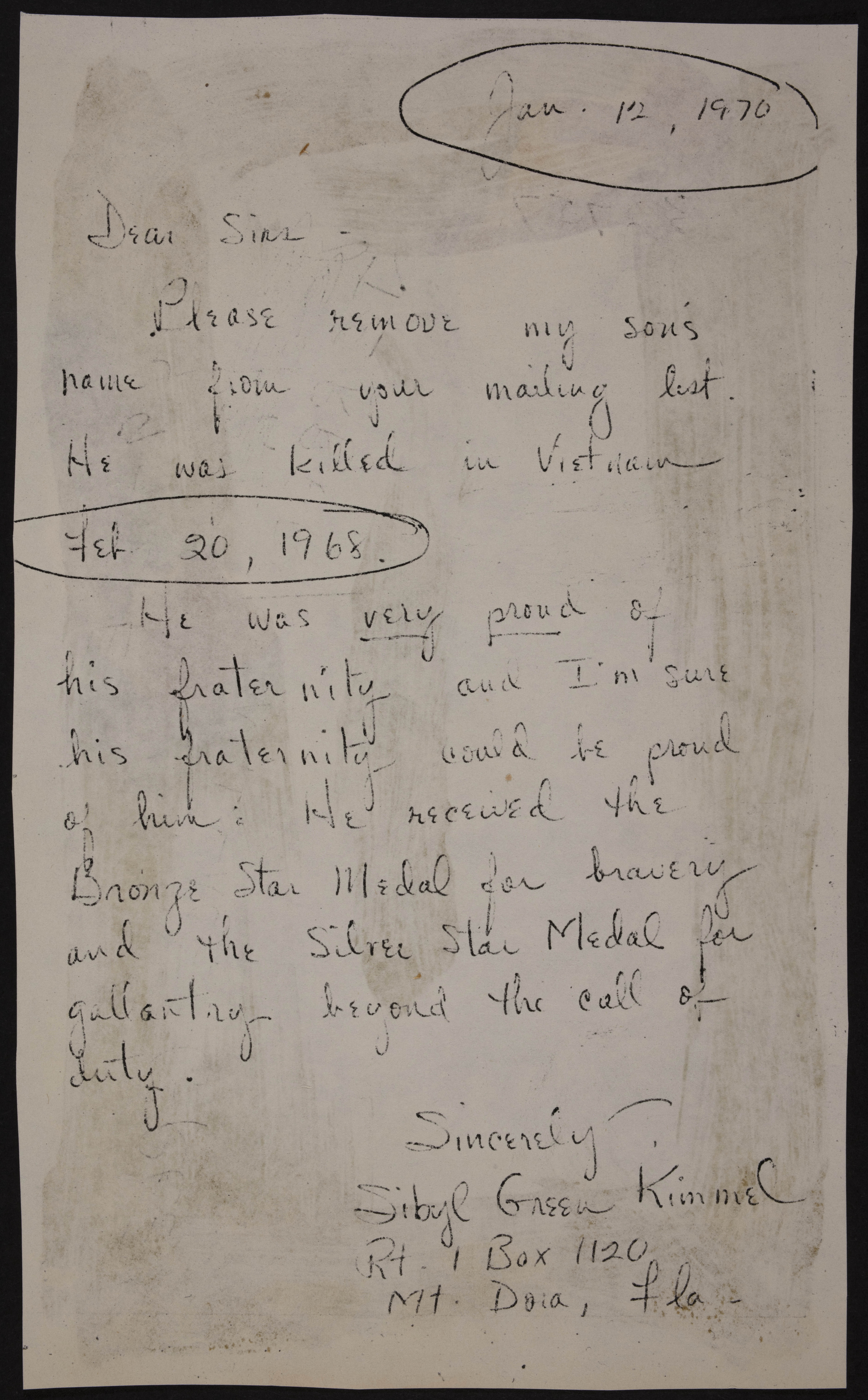 Sibyl Green Kimmel to Unknown Letter, January 12, 1970