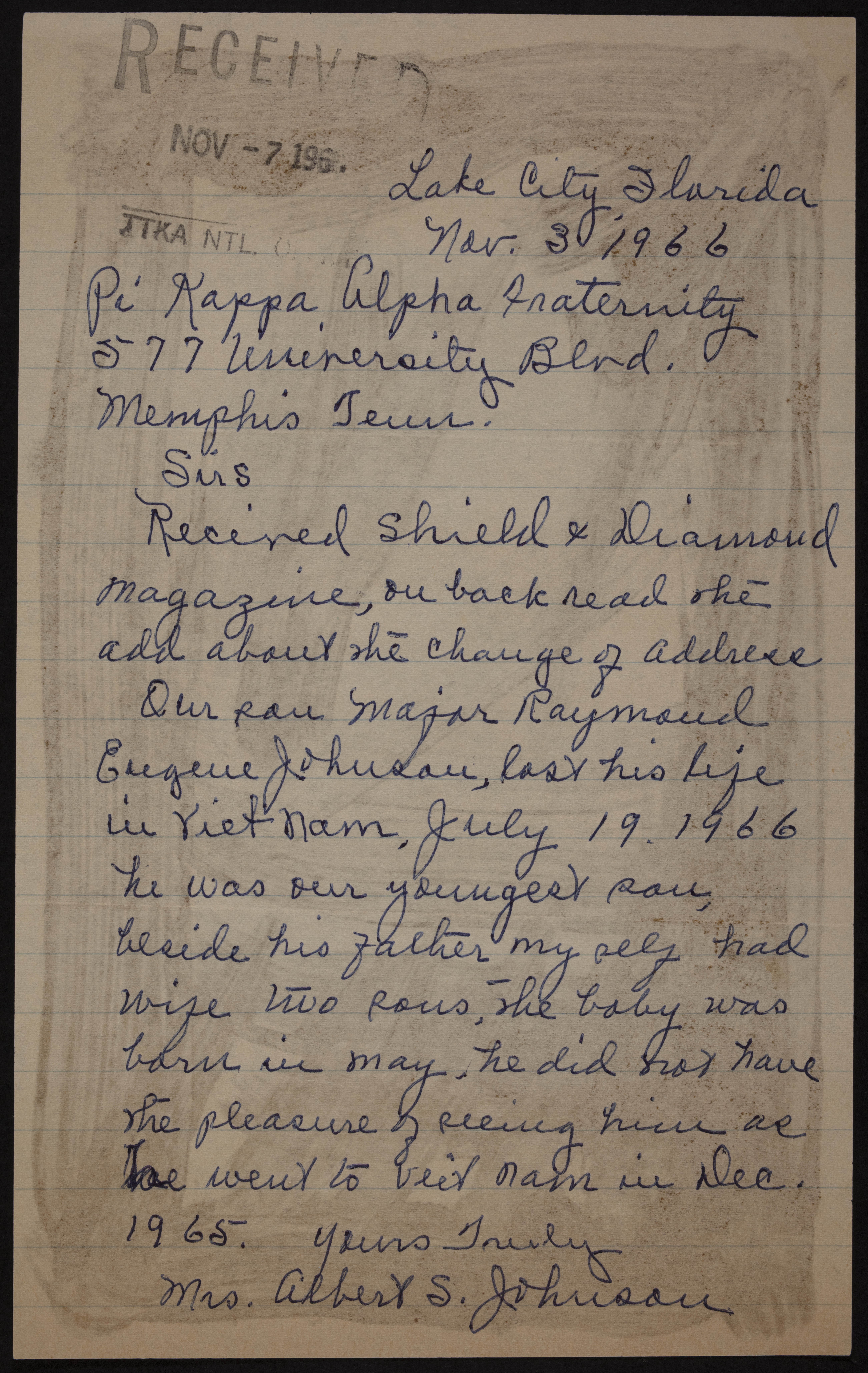 Mrs. Albert S. Johnson to Pi Kappa Alpha Fraternity, November 3, 1966