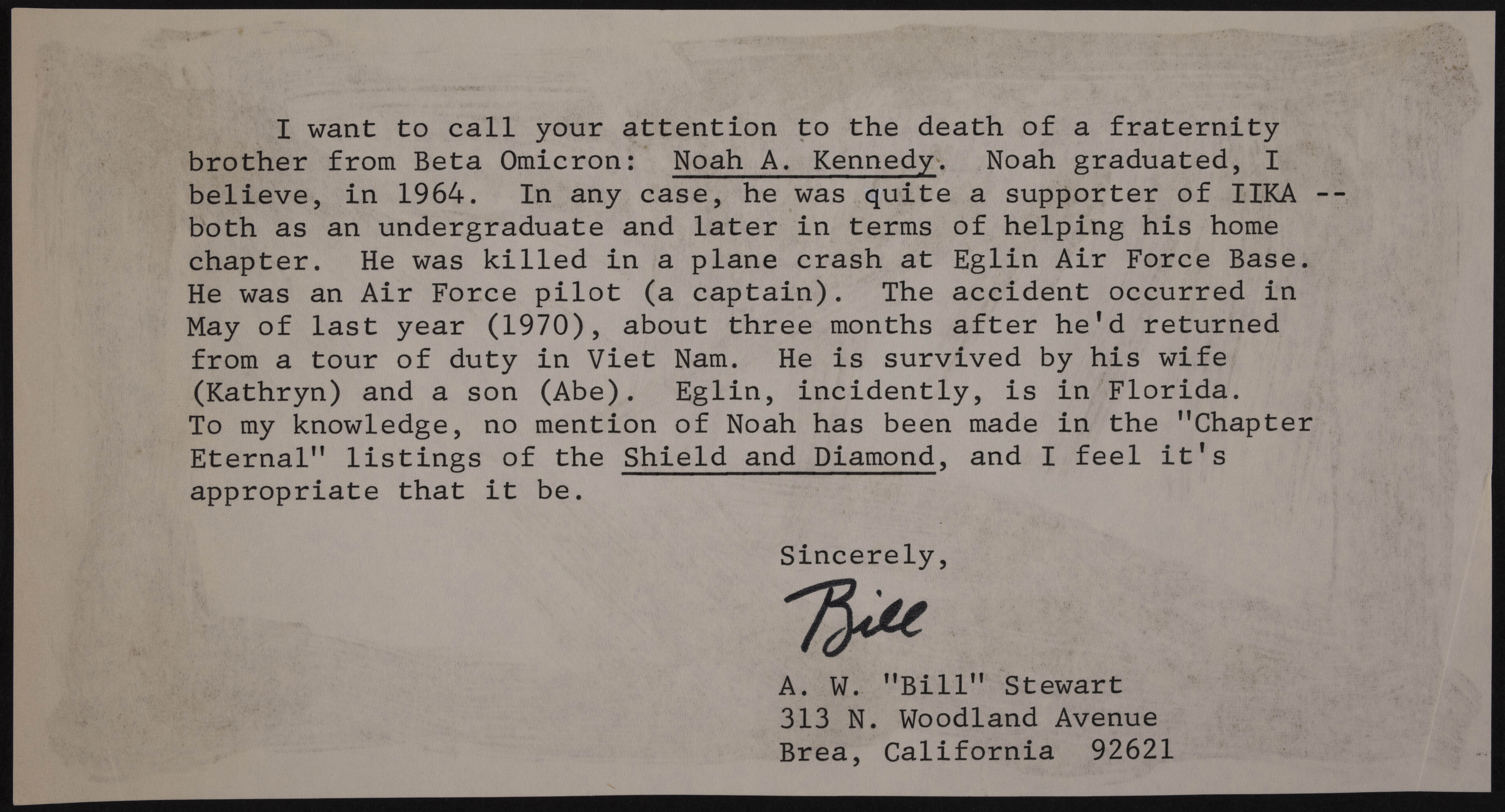 A.W. "Bill" Stewart to Unknown Note