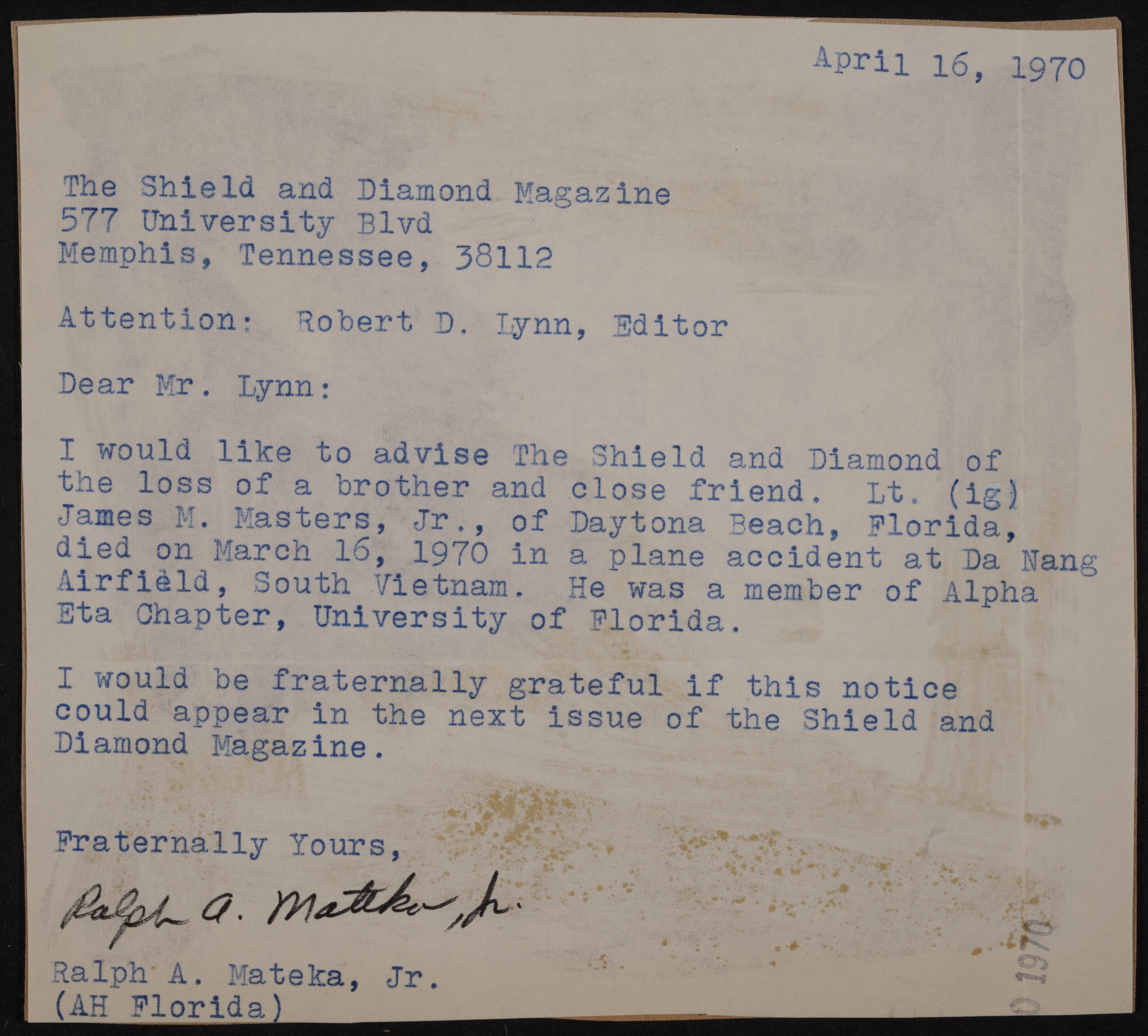 Ralph A. Mateka Jr. to Robert D. Lynn Letter, April 16, 1970