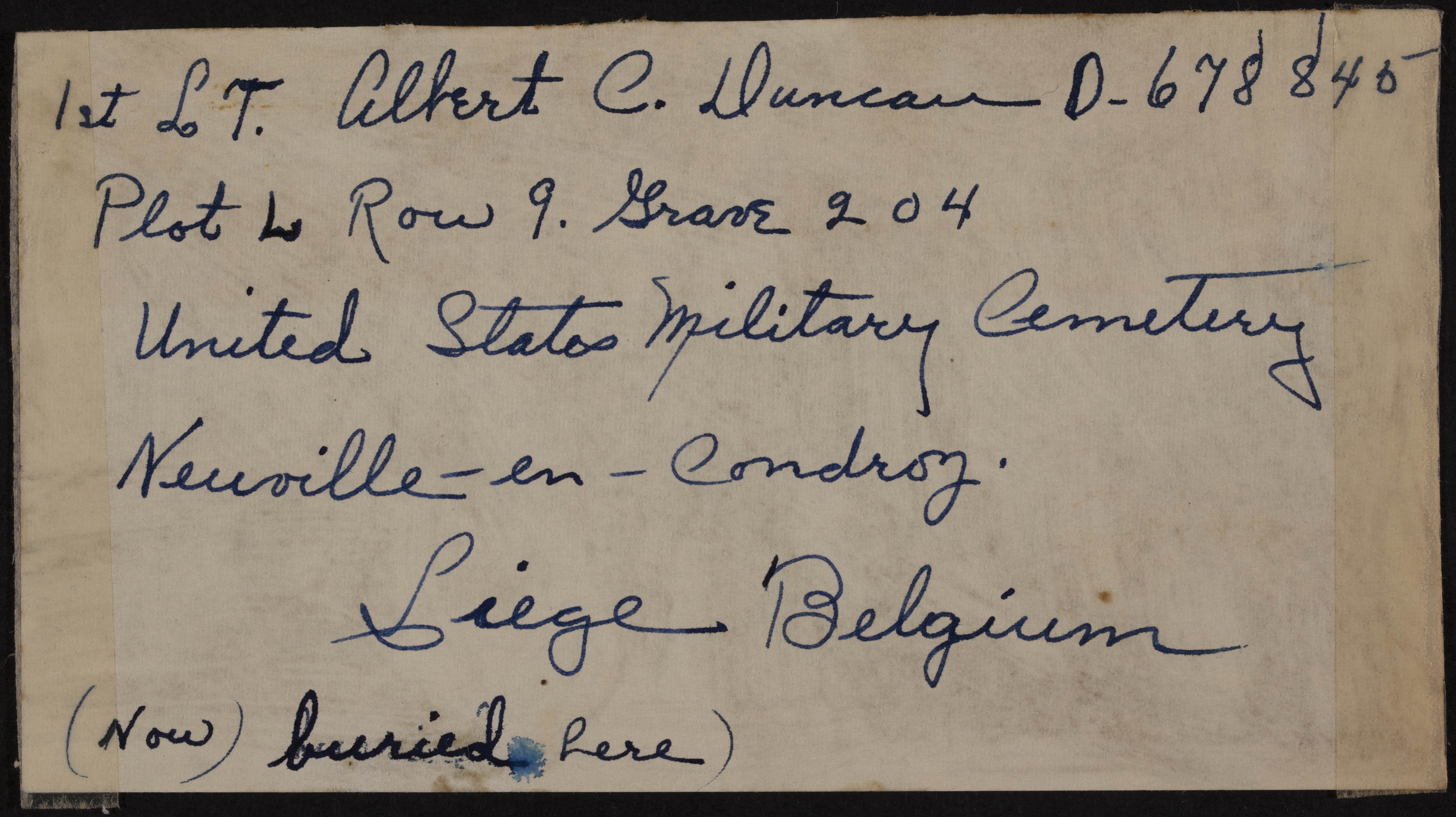 Albert Clinton Duncan's Burial Plot Location Note