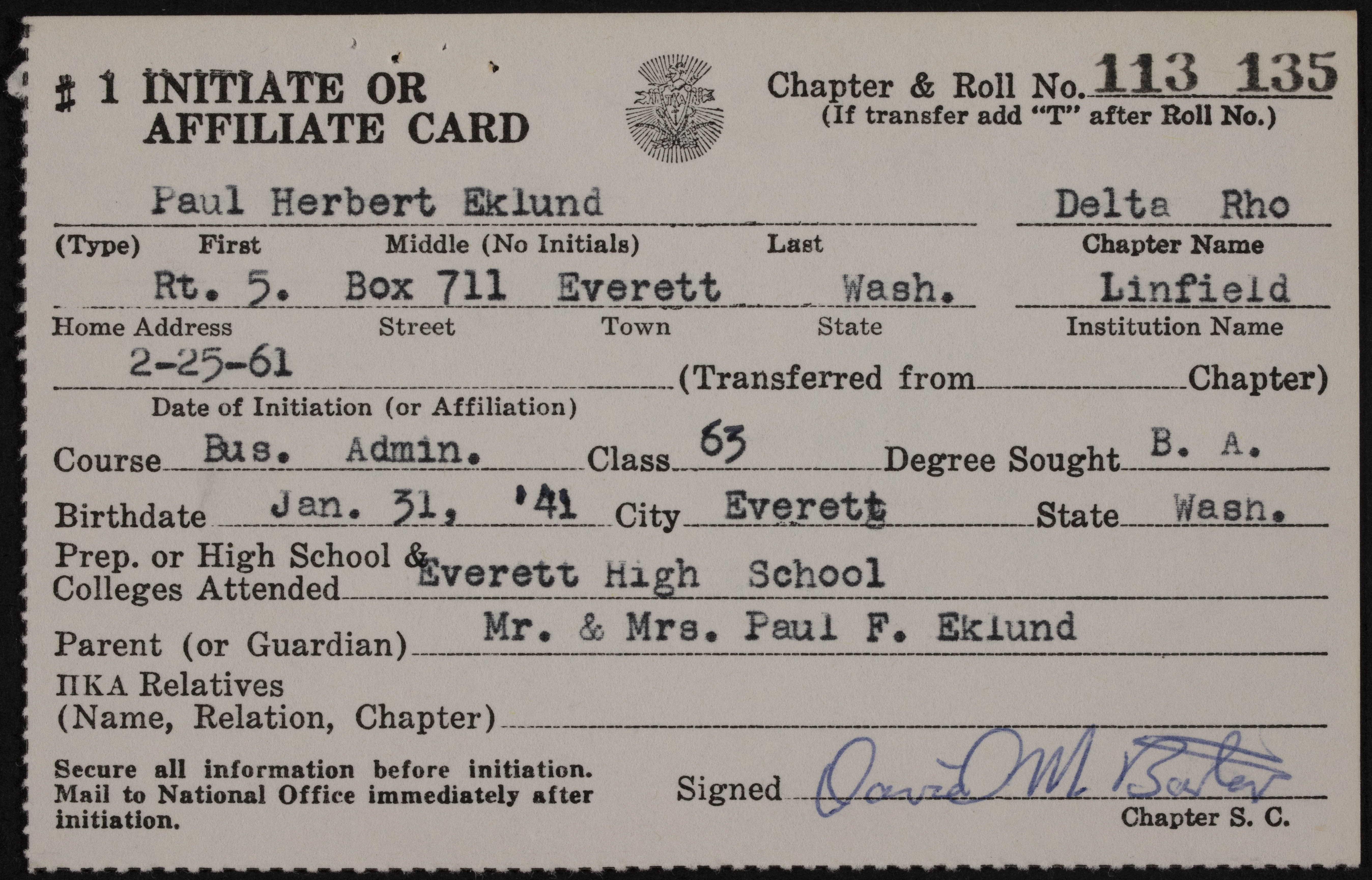 Paul Herbert Eklund Initiate or Affiliate Card, March 13, 1961