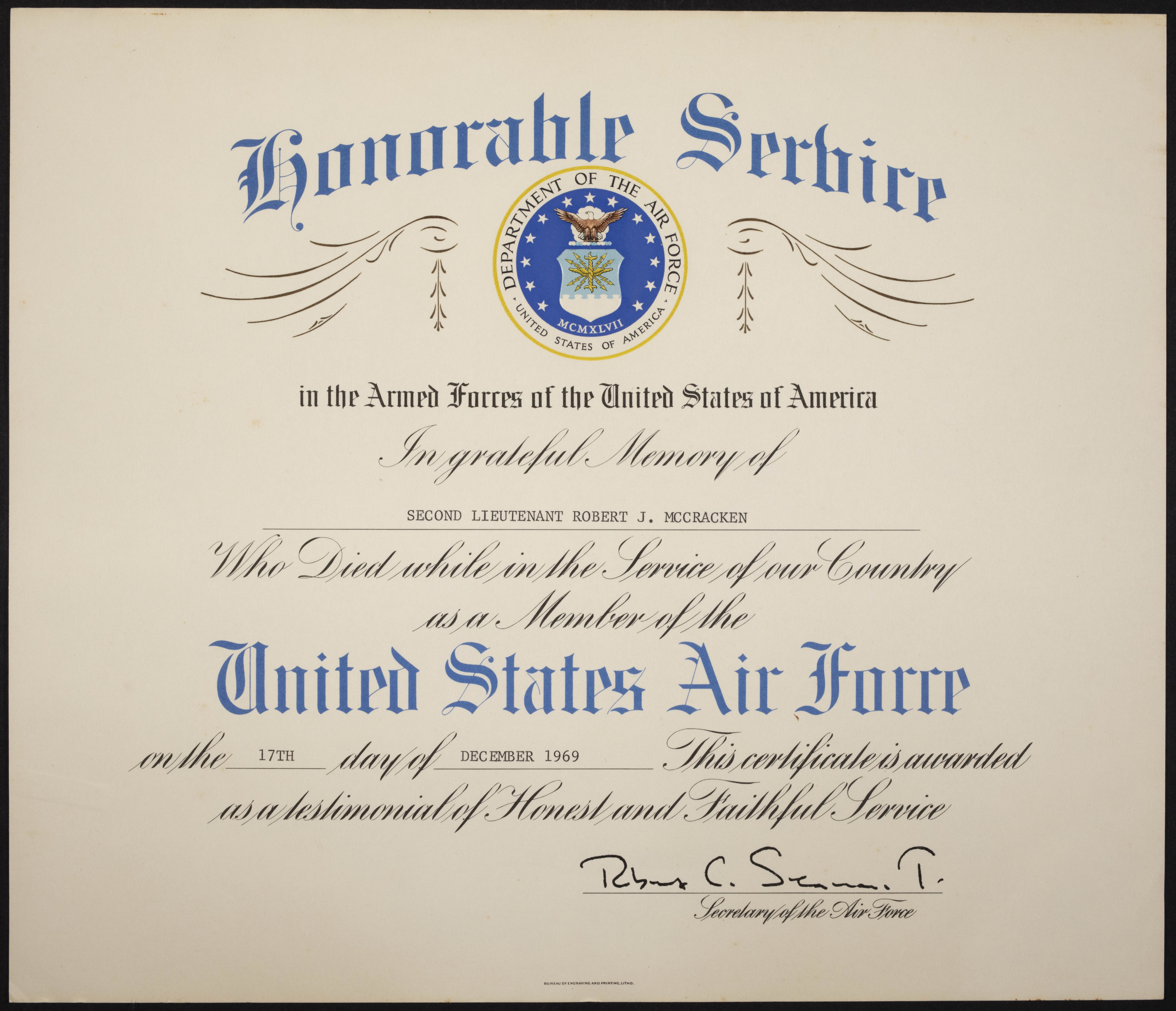 Robert J. McCracken Honorable Service Certificate, December 17, 1969