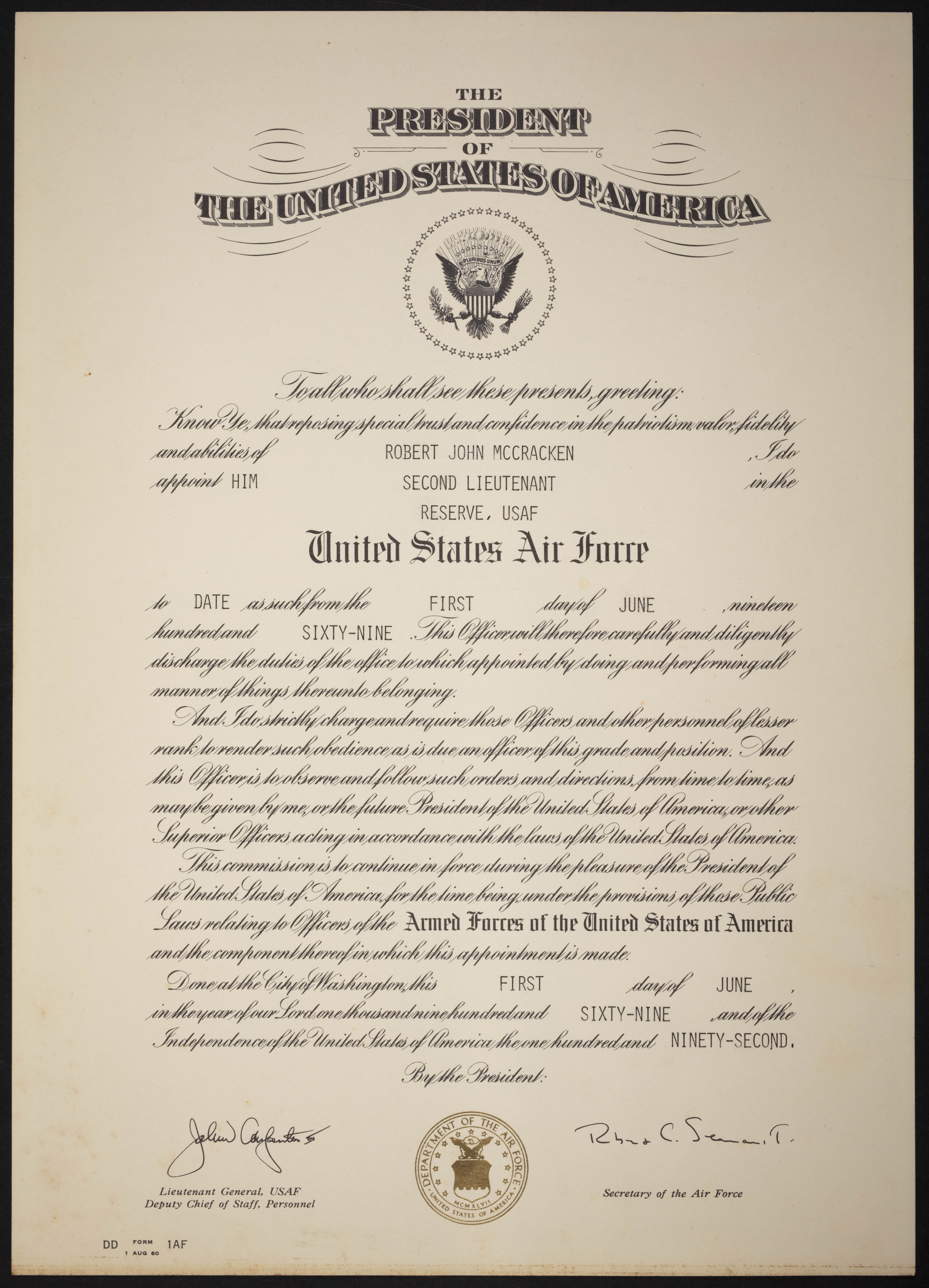 Robert J. McCracken Certificate of Commission, June 1, 1969