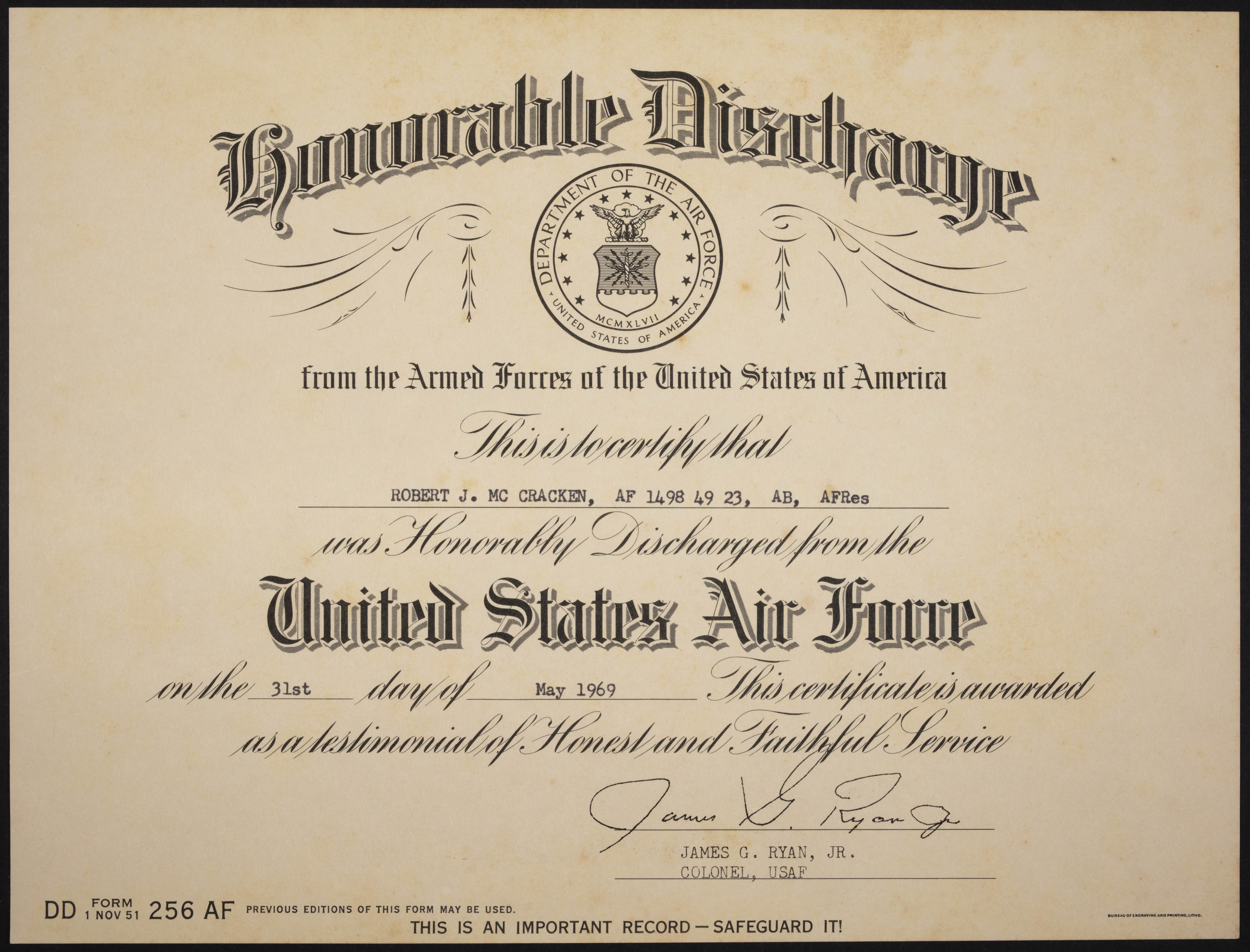 Robert J. McCracken Honorable Discharge Certificate, May 31, 1969