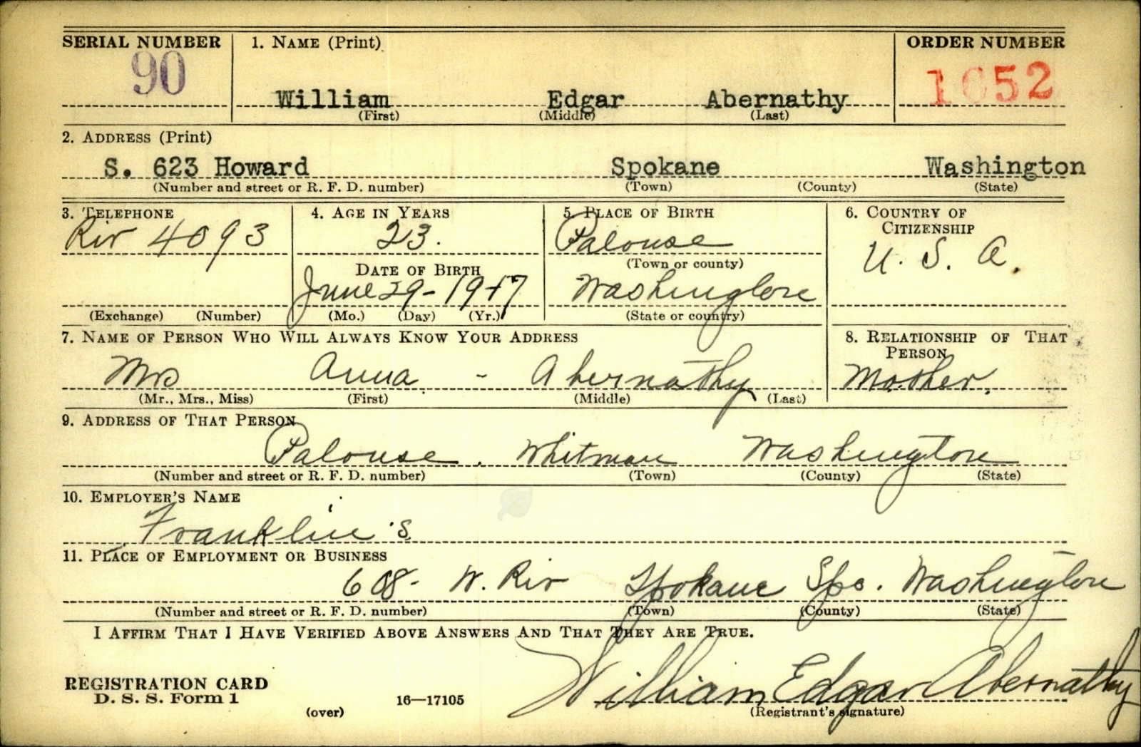 William Edgar Abernathy Draft Registration Card