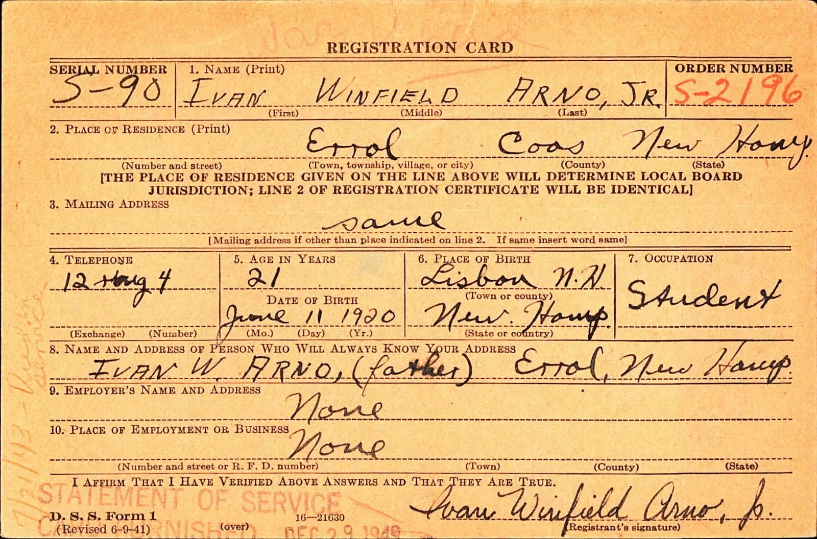 Ivan Winfield Arno Draft Registration Card
