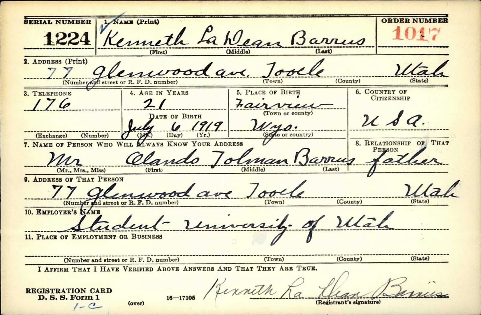 Kenneth Ladean Barrus Draft Registration Card