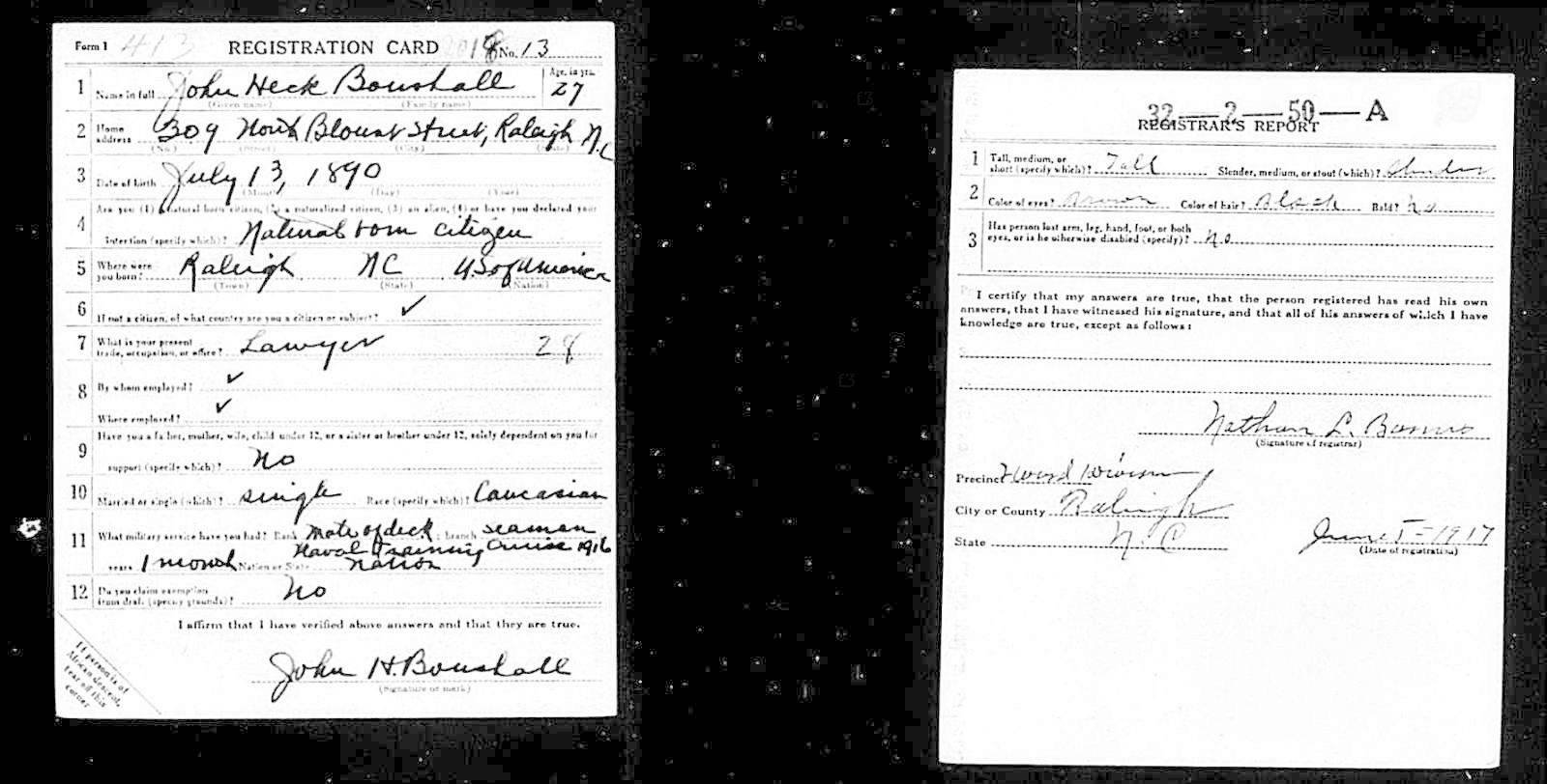 John Heck Boushall Draft Registration Card