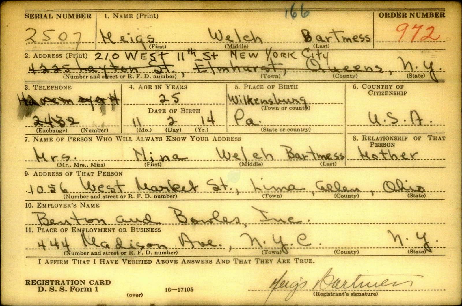 Meigs Welch Bartmess Draft Registration Card