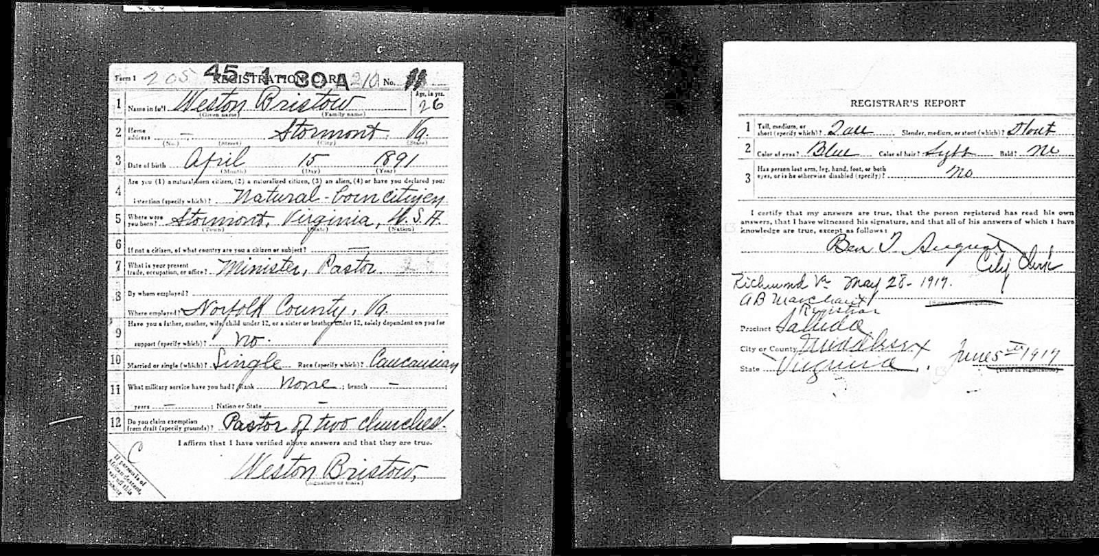 Weston Bristow Draft Registration Card