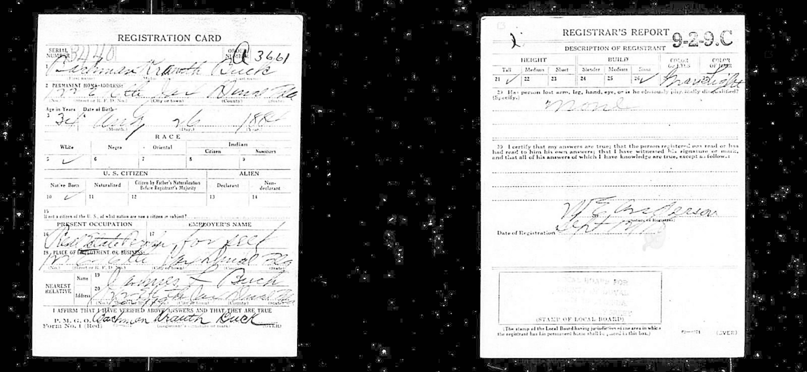 Bachman Kranth Buck Draft Registration Card