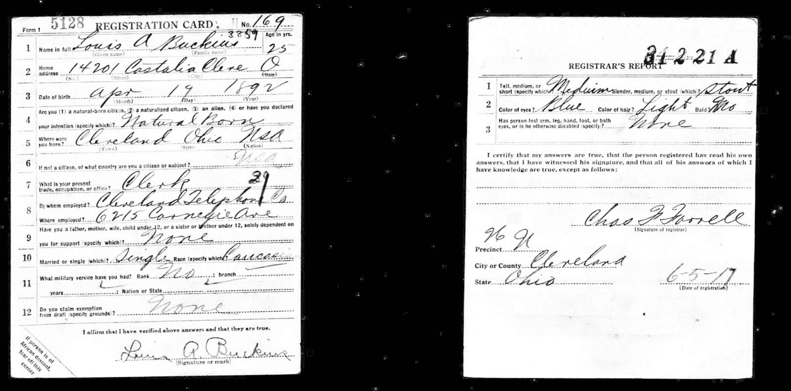 Louis A Buckius Draft Registration Card