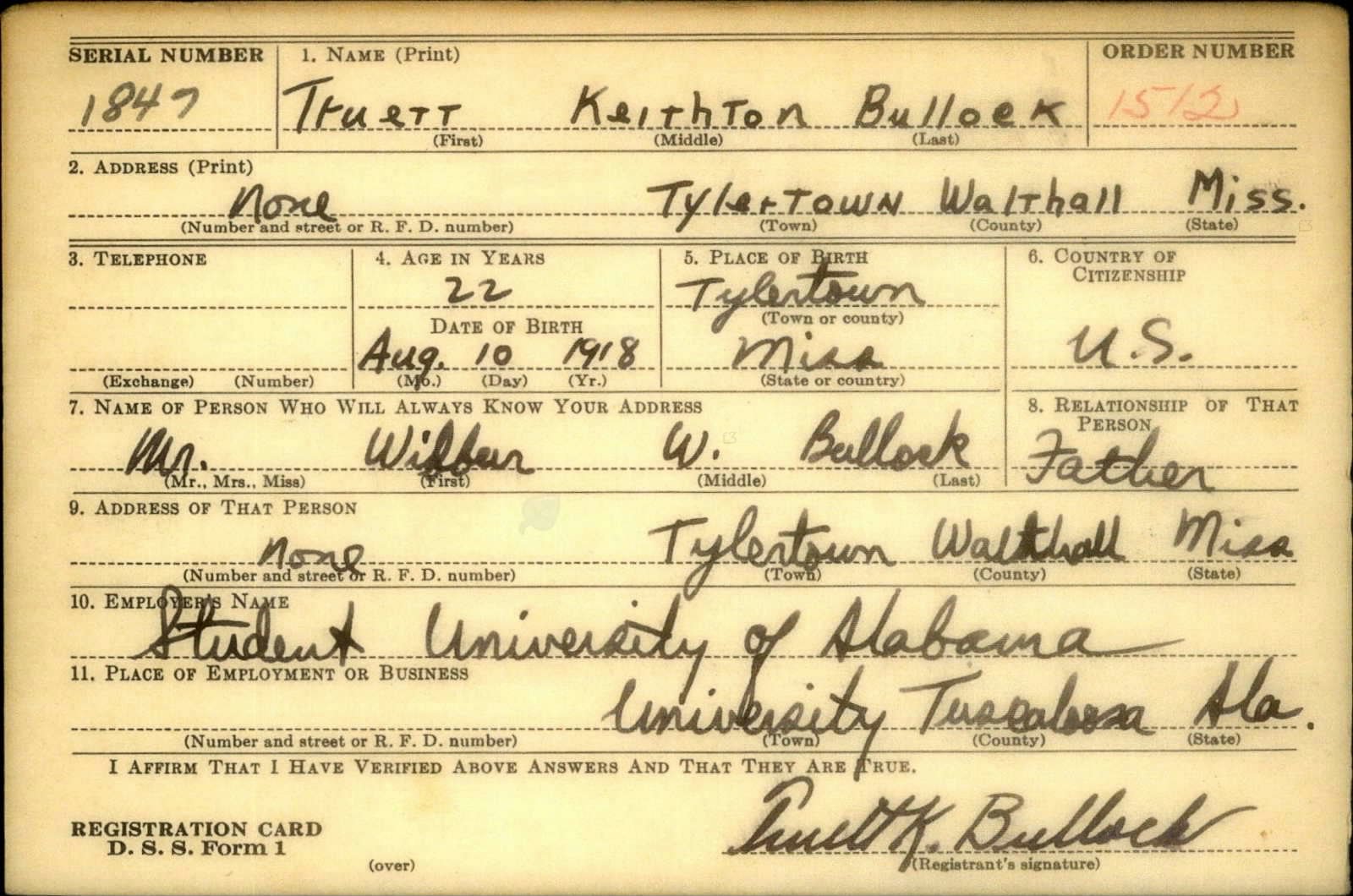 Truett Keithton Bullock Draft Registration Card