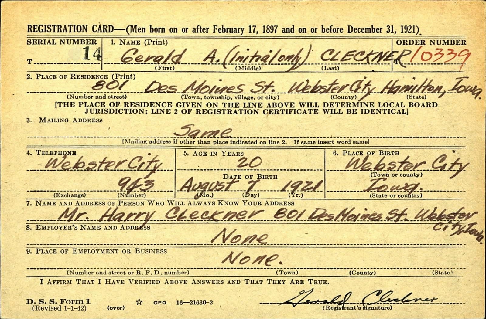 Gerald A Cleckner Draft Registration Card