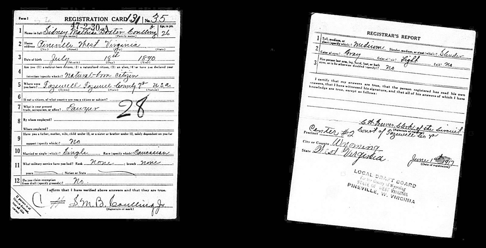 Sidney Mathias Baxter Coulling Draft Registration Card