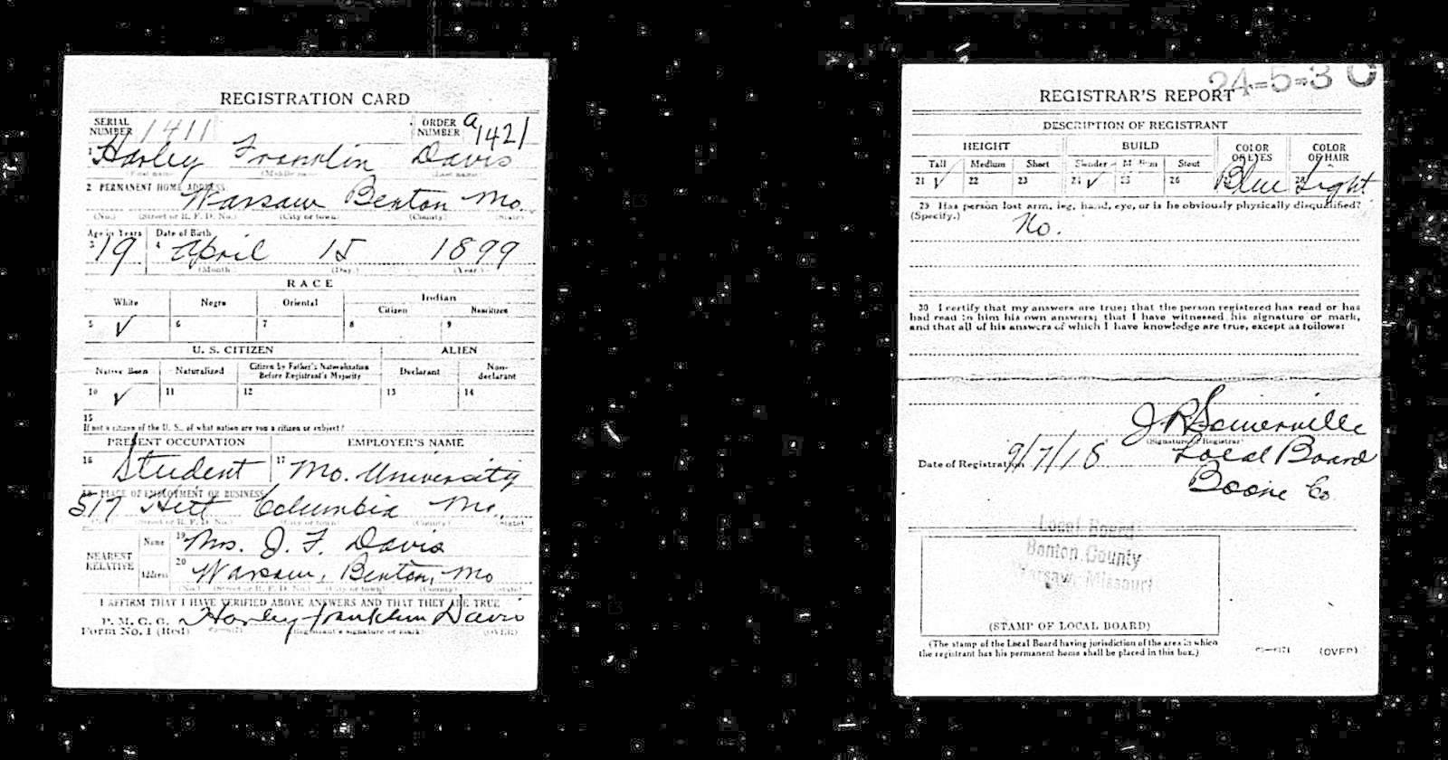 Harley Franklin Davis Draft Registration Card