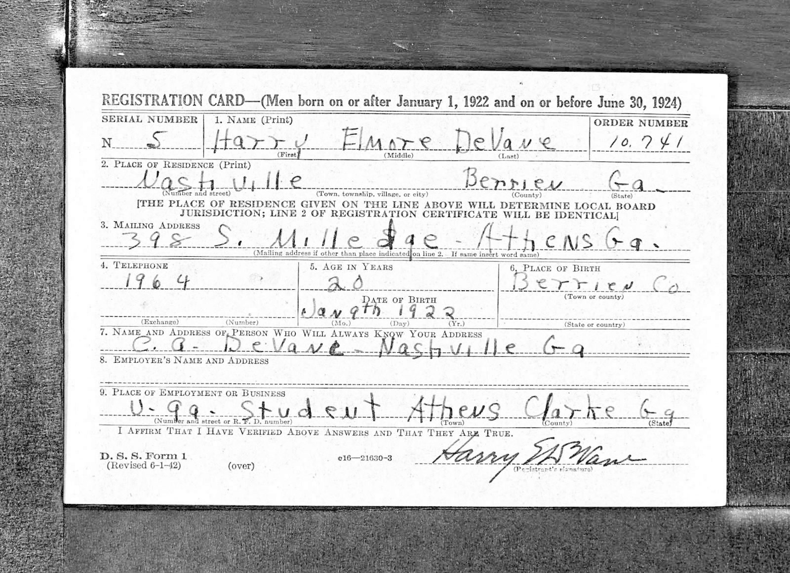 Harry Elmore Devane Draft Registration Card