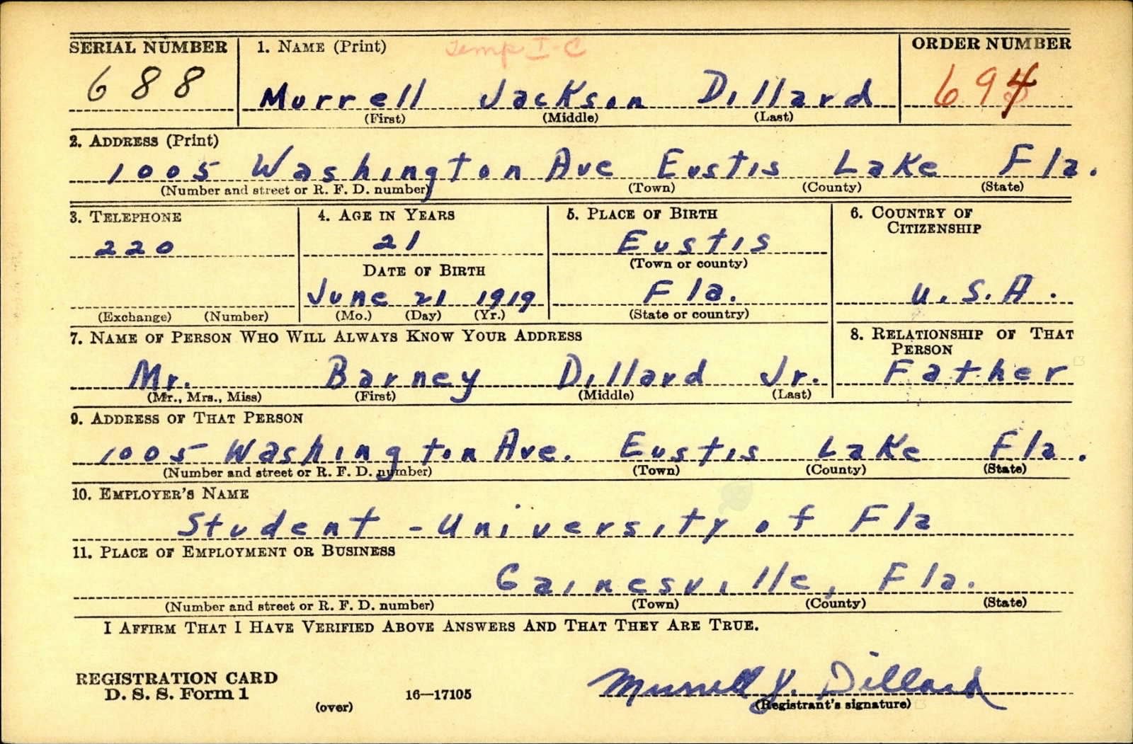 Murrell Jackson Dillard Draft Registration Card