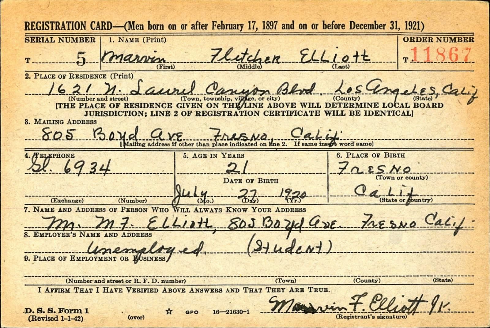 Marvin Fletcher Elliott Draft Registration Card