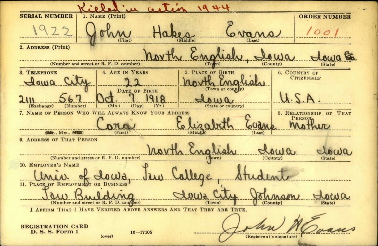 John Hakes Evans Draft Registration Card