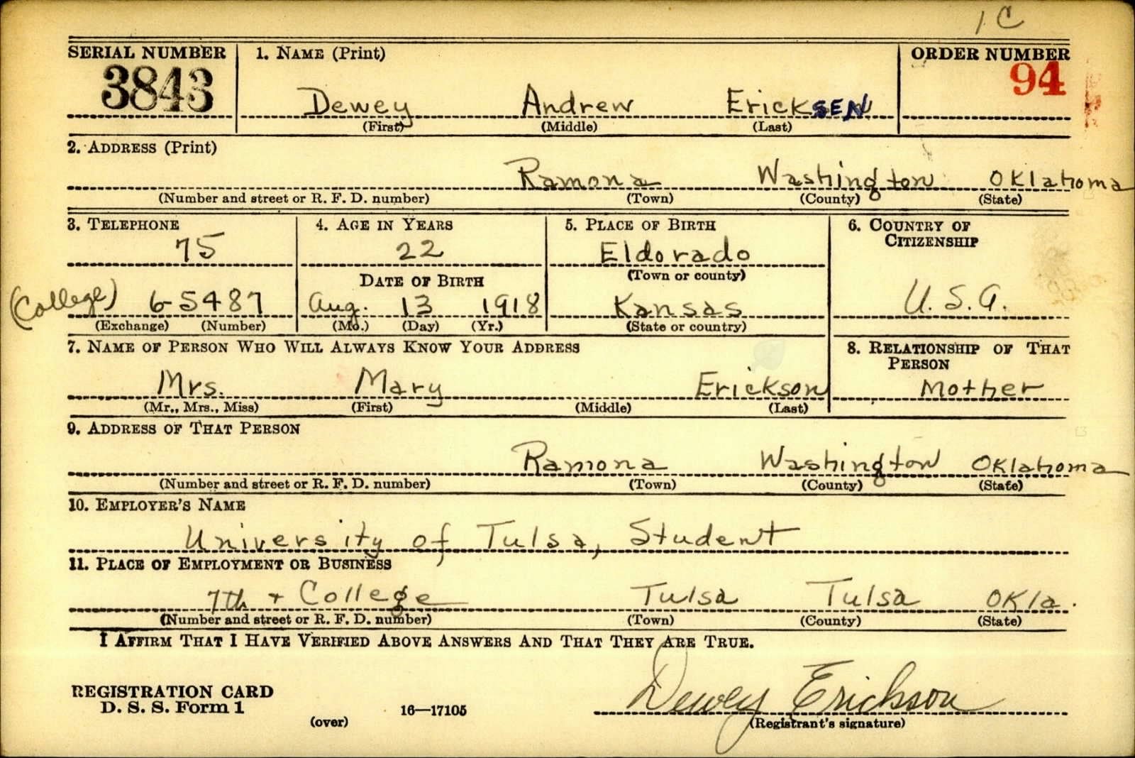 Dewey Andrew Erickson Draft Registration Card