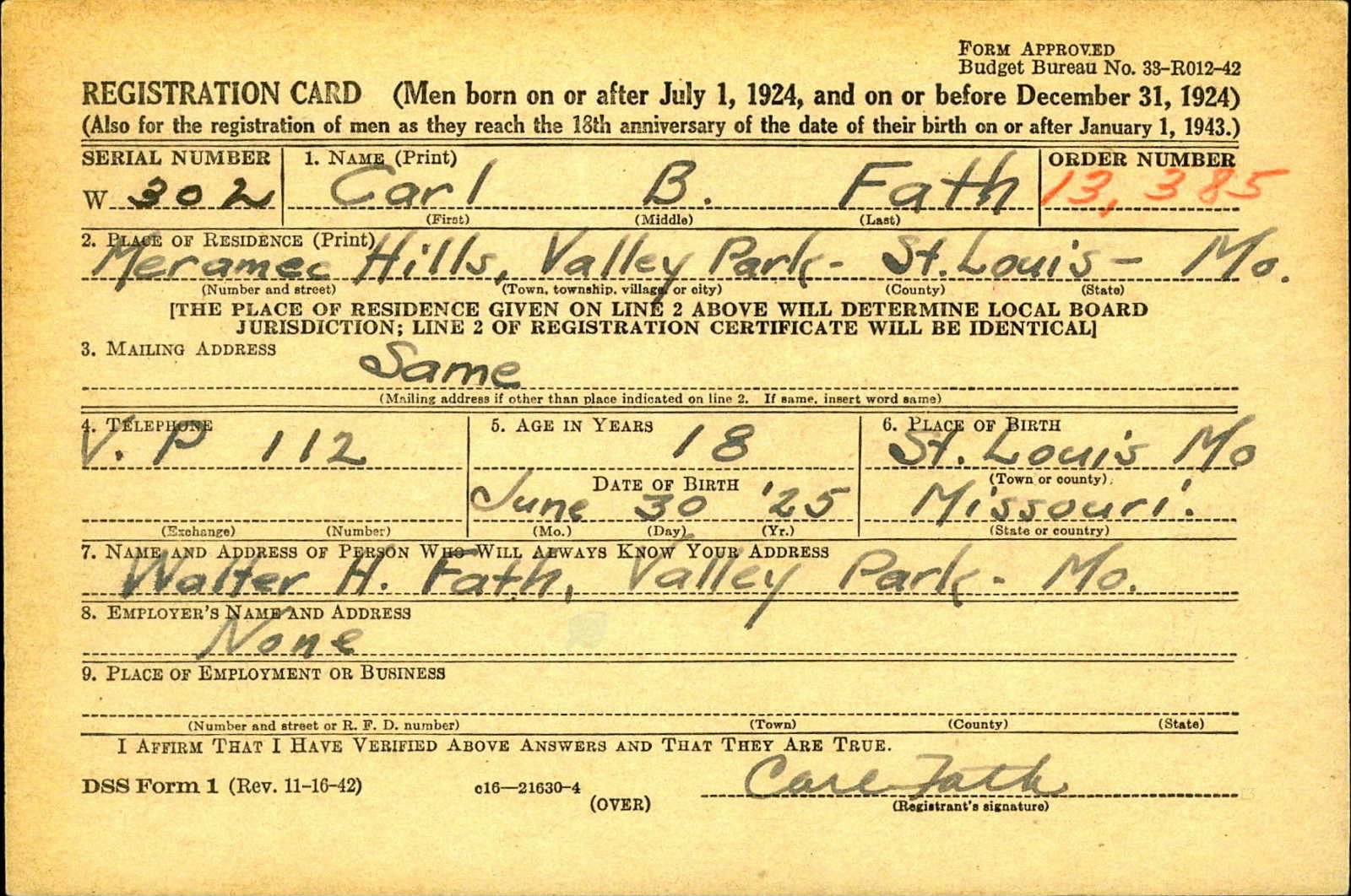 Carl B Fath Draft Registration Card