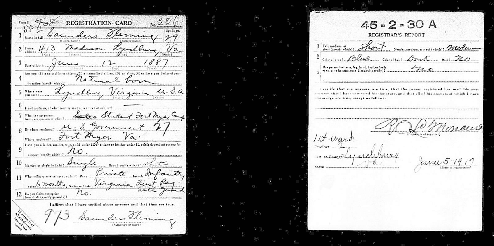 Saunders Fleming Draft Registration Card