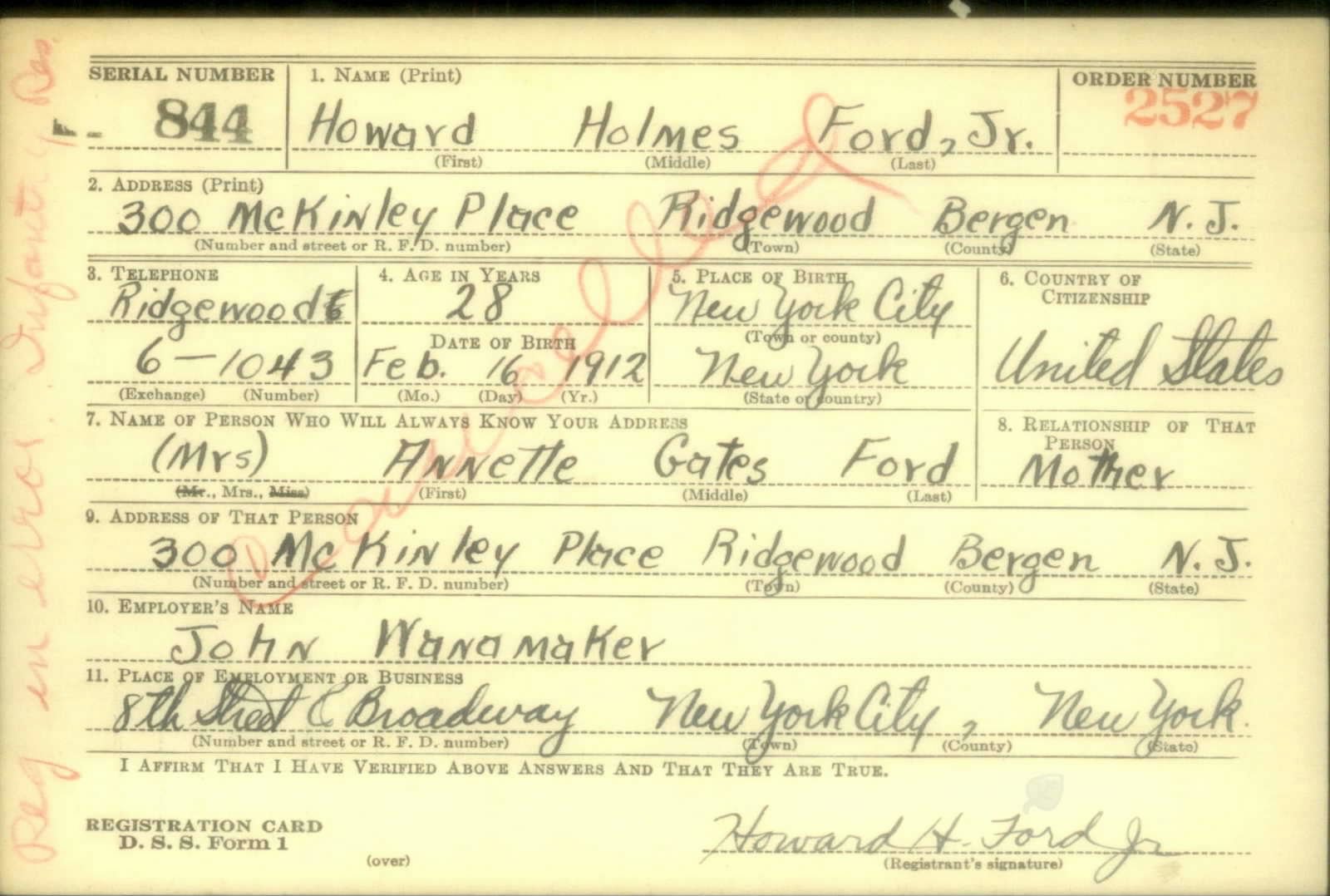 Howard Holmes Ford Draft Registration Card