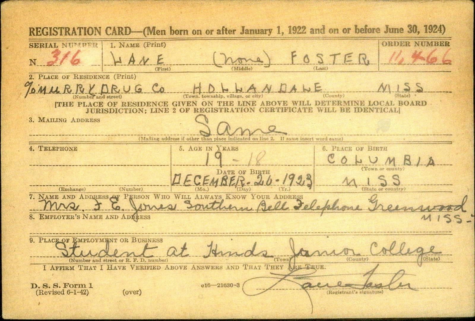 Lane Foster Draft Registration Card