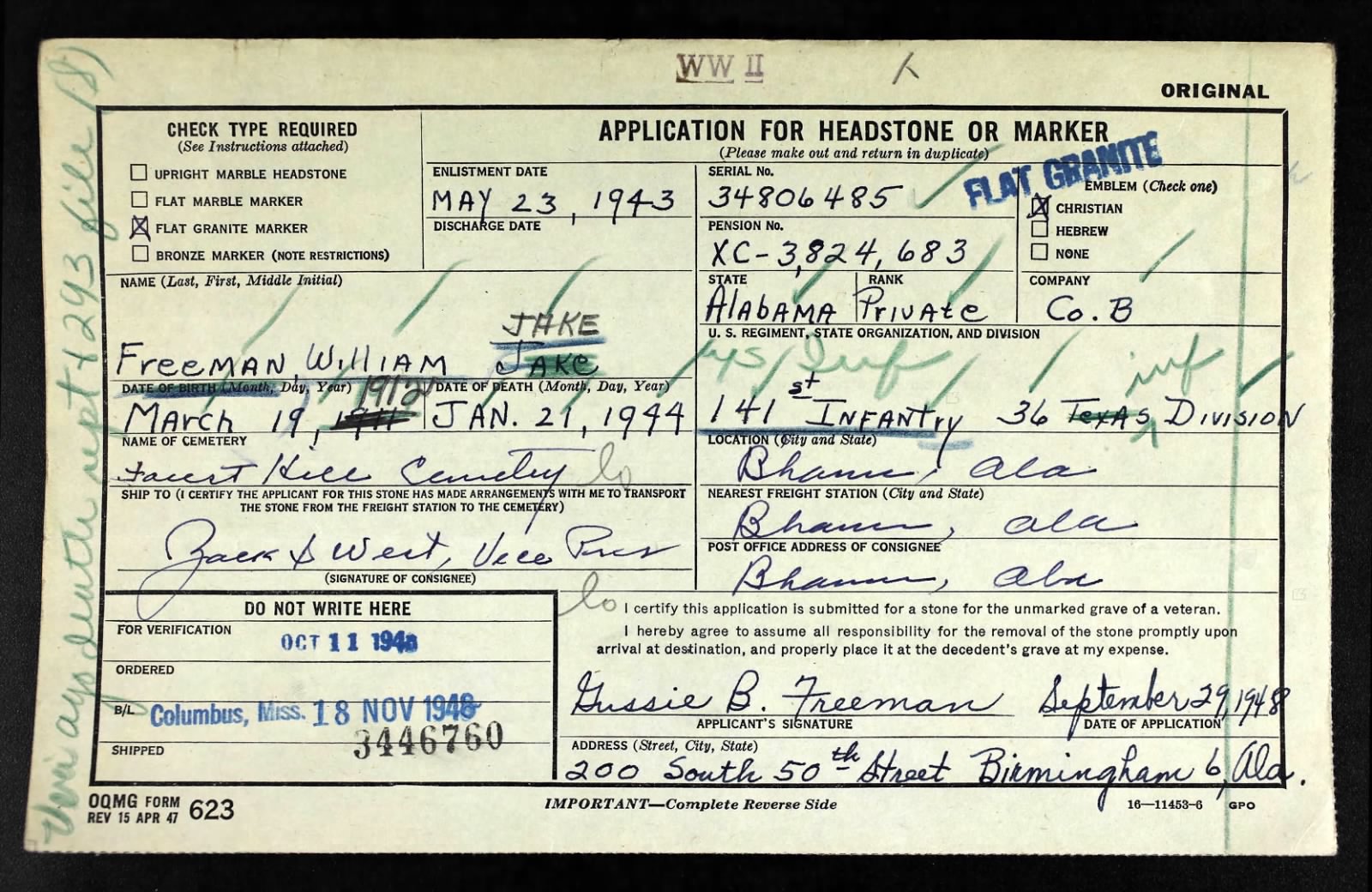 William Jake Freeman Headstone Application