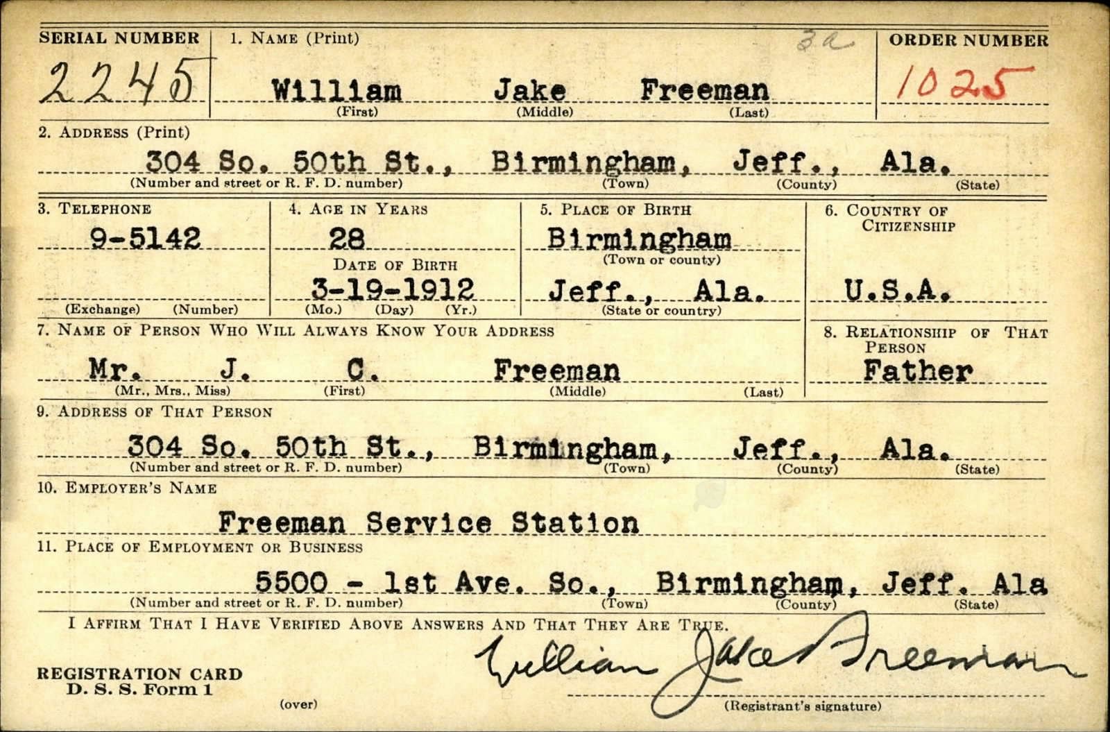 William Jake Freeman Draft Registration Card