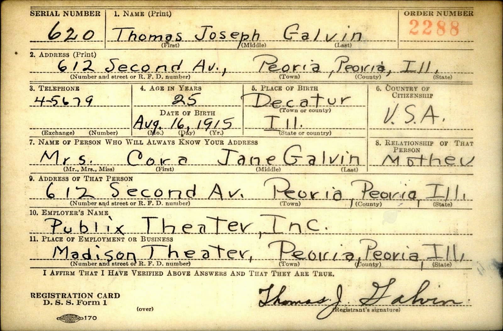 Thomas Joseph Galvin Draft Registration Card