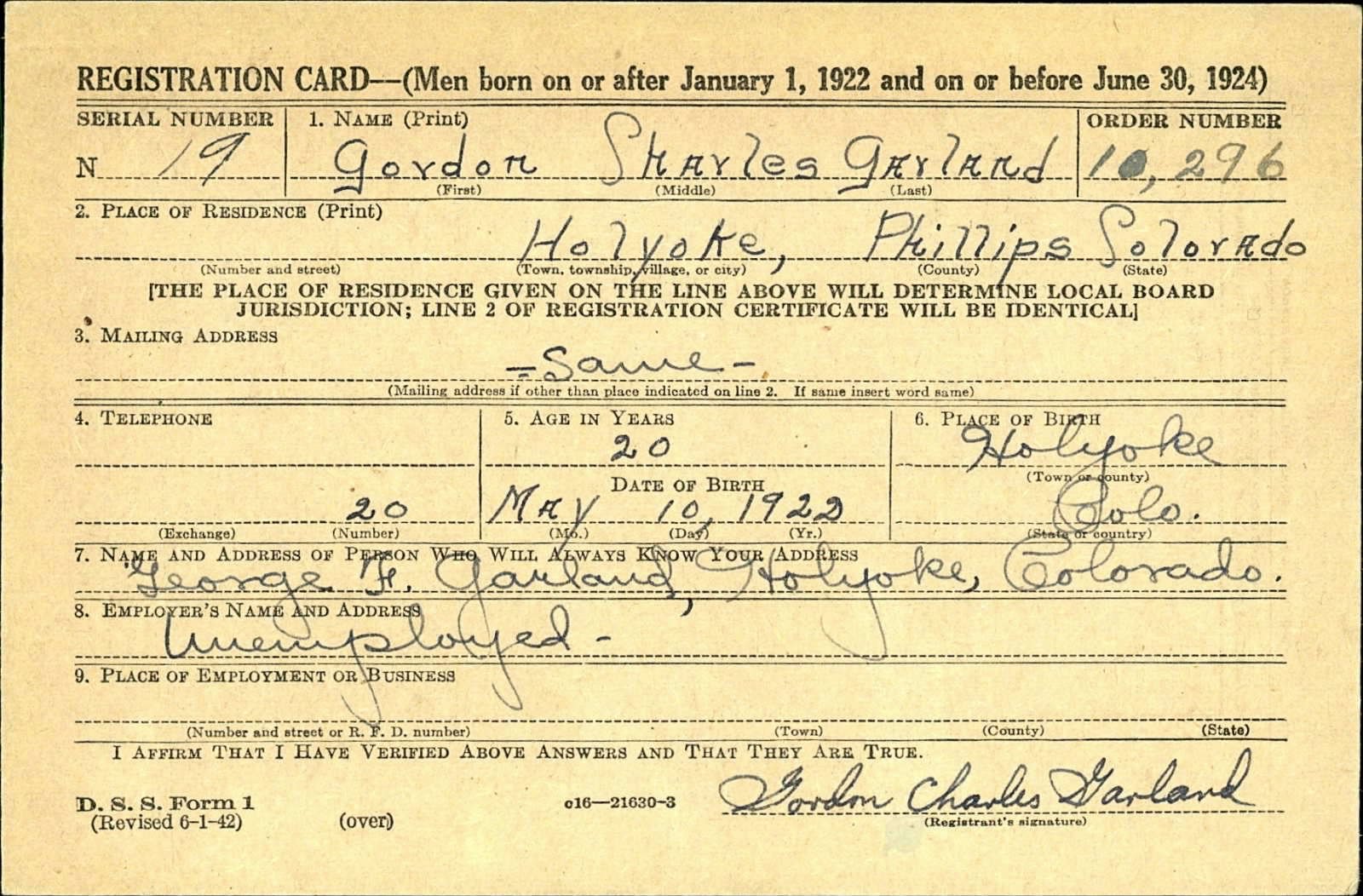 Gordon Charles Garland Draft Registration Card