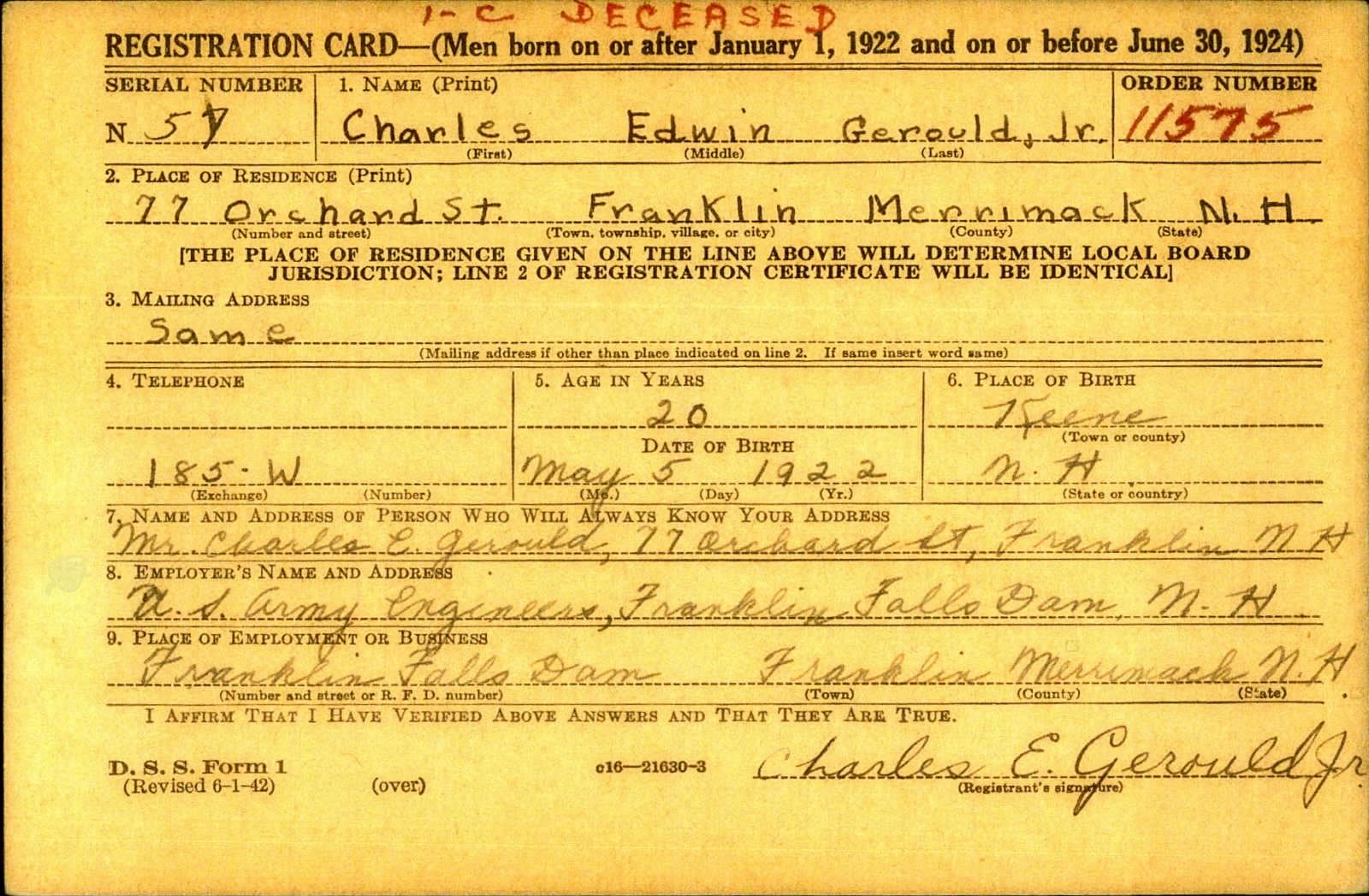 Charles Edwin Gerould Draft Registration Card